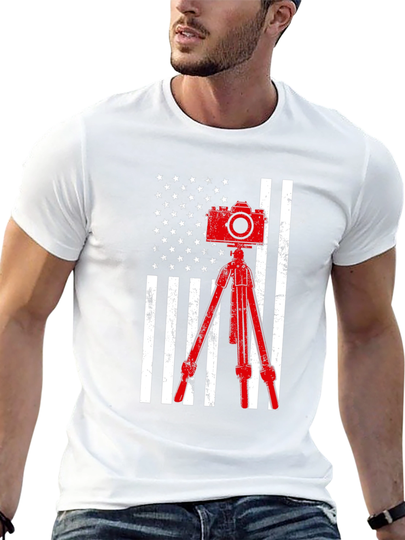 Black Patriotic Photographer T-Shirt - Camera & American Flag view 13