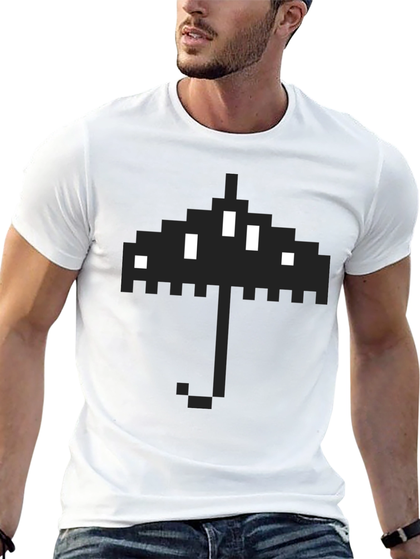 Black Pixel Umbrella Graphic T-Shirt - Black Cotton Tee view 13