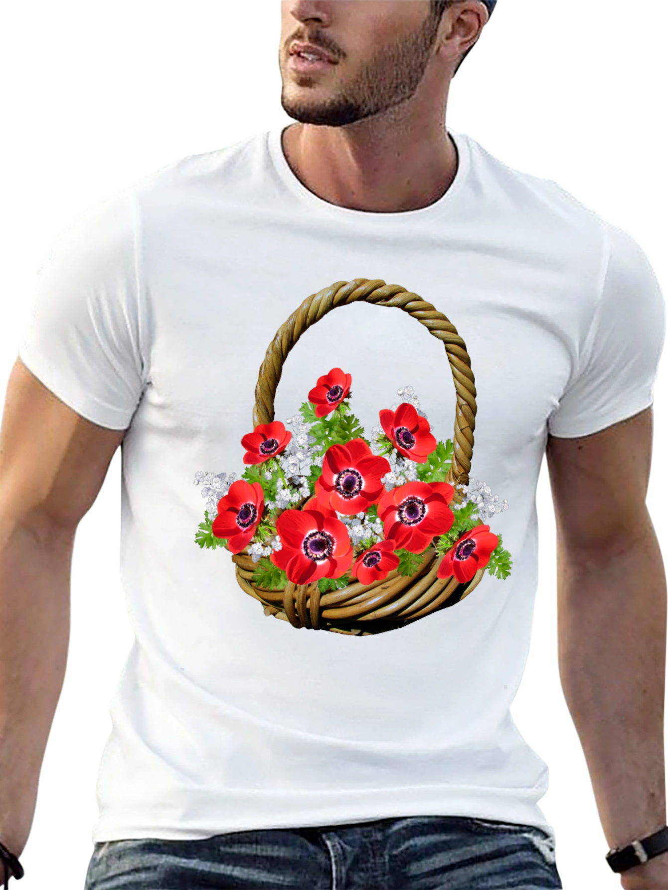 Floral Basket T-Shirt: Red Anemones on Black Cotton Tee - 13