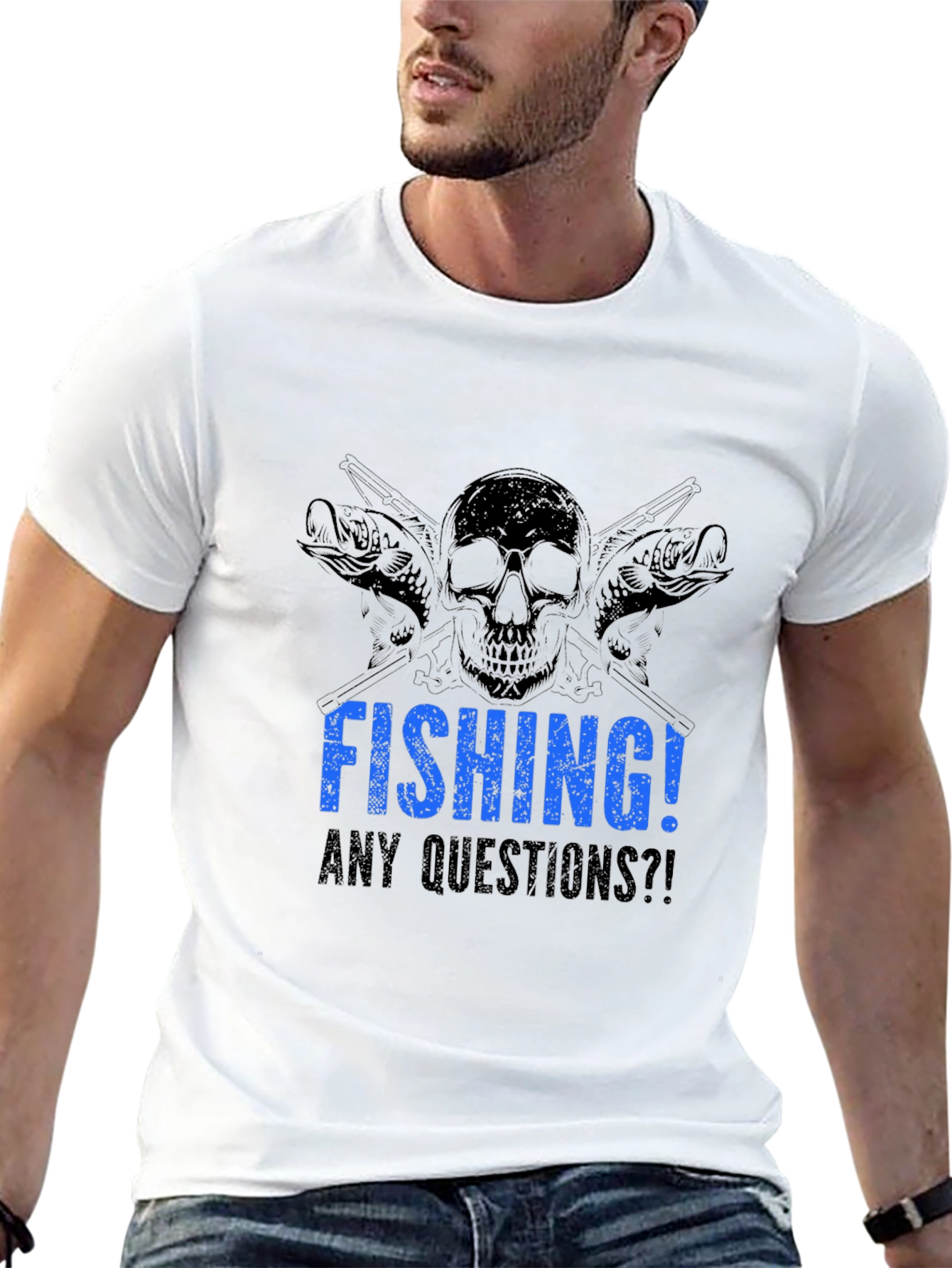 Black Fishing Skull Graphic Tee - Any Questions?! Black Cotton T-Shirt view 13