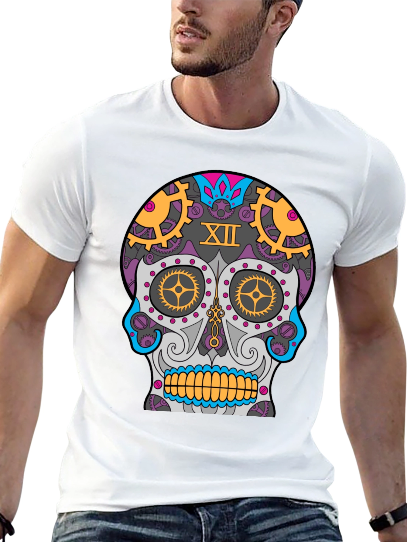 Black Steampunk Sugar Skull T-Shirt - Unique Day of the Dead Design view 13