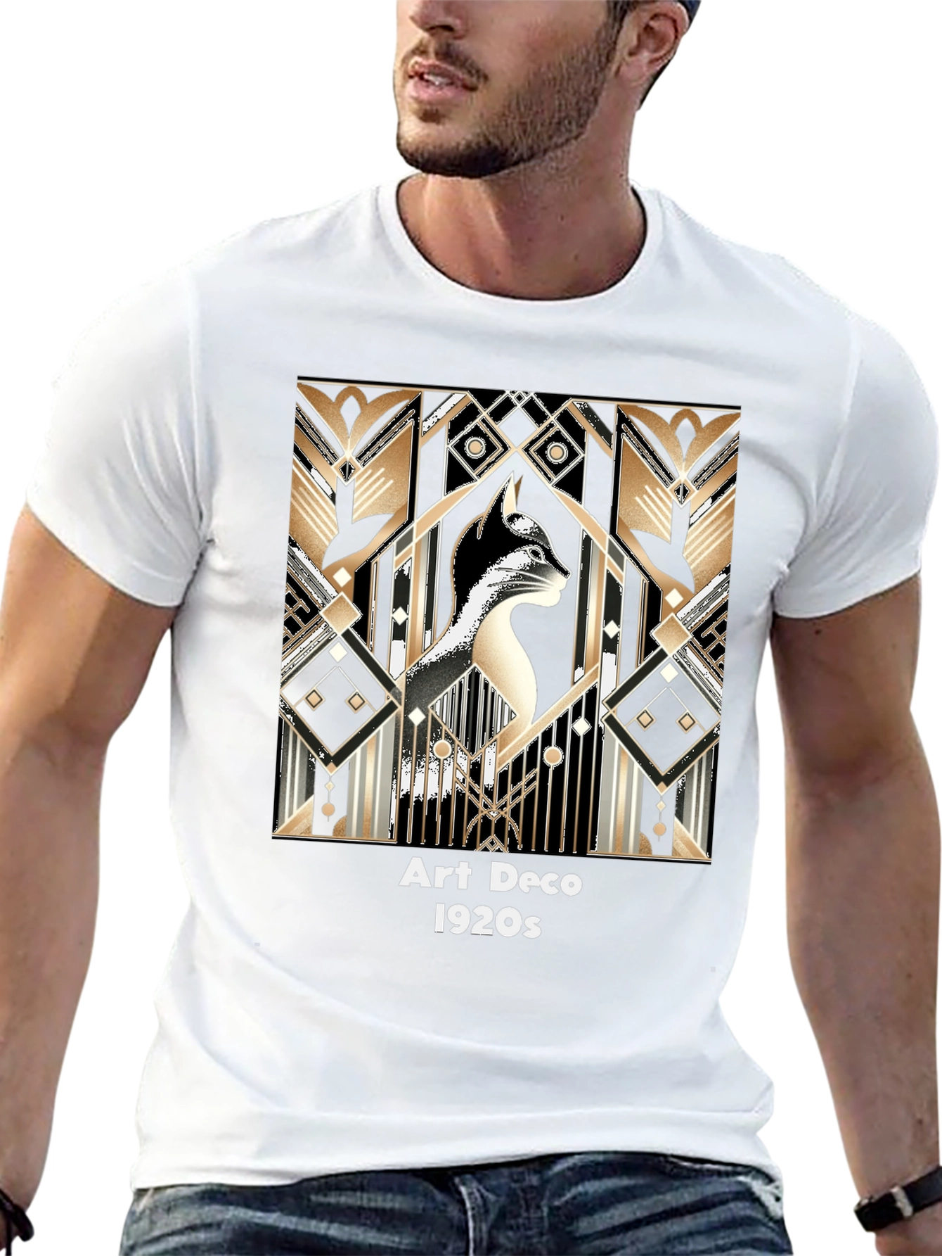 Black Art Deco Cat T-Shirt - Roaring 20s Style view 13