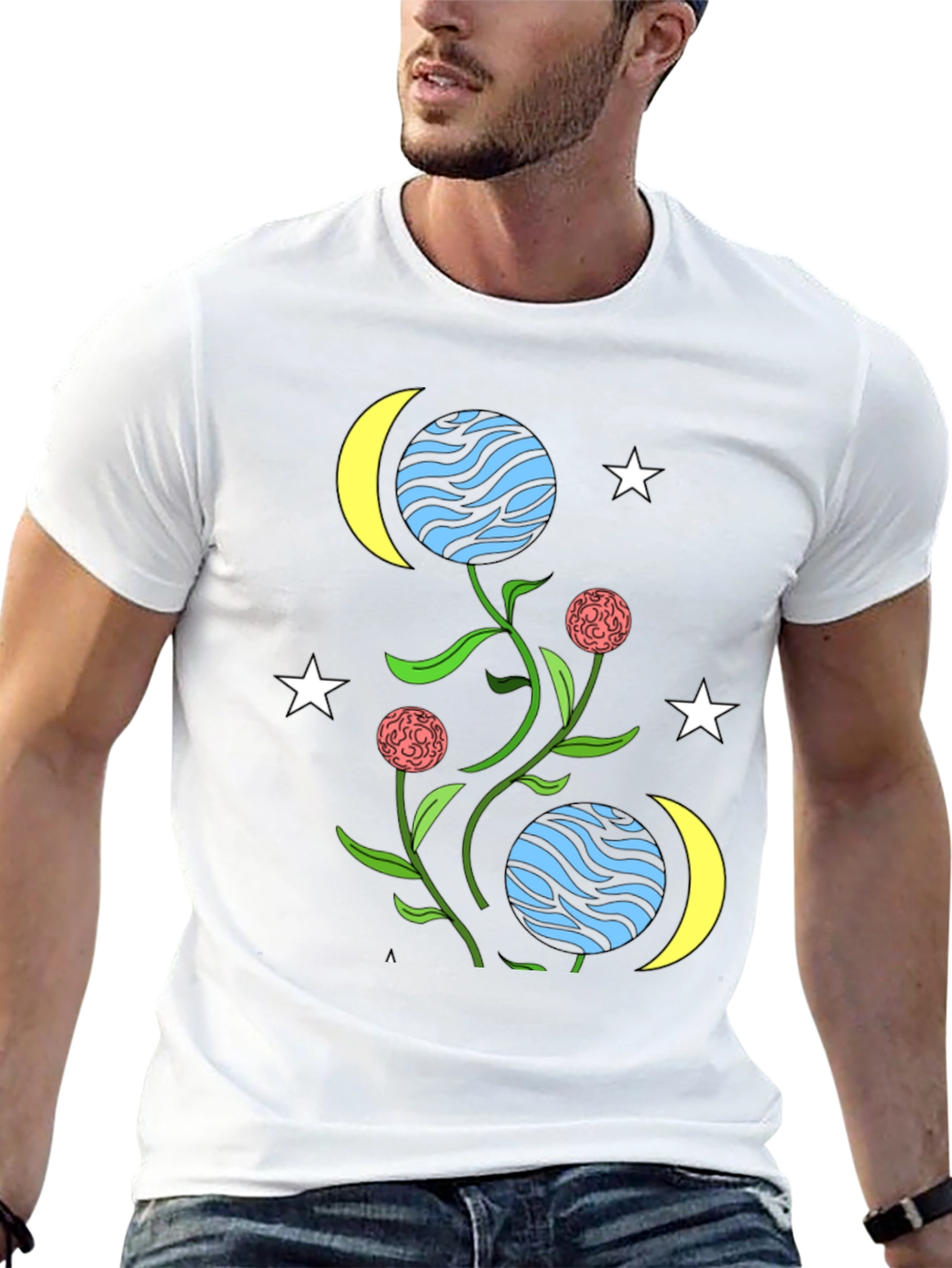Black Cosmic Floral T-Shirt - Stars, Moons, & Planets Design view 13