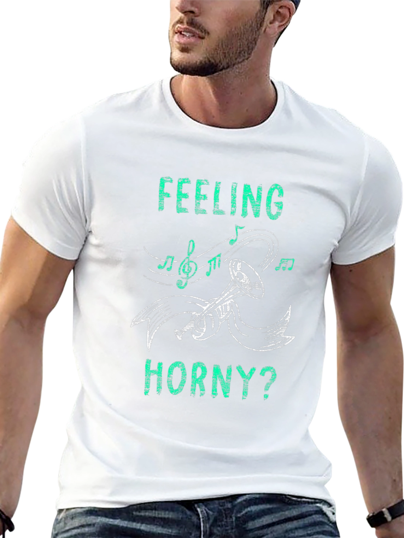 Black Feeling Horny? T-Shirt Music Trumpet Graphic Novelty Tee view 13