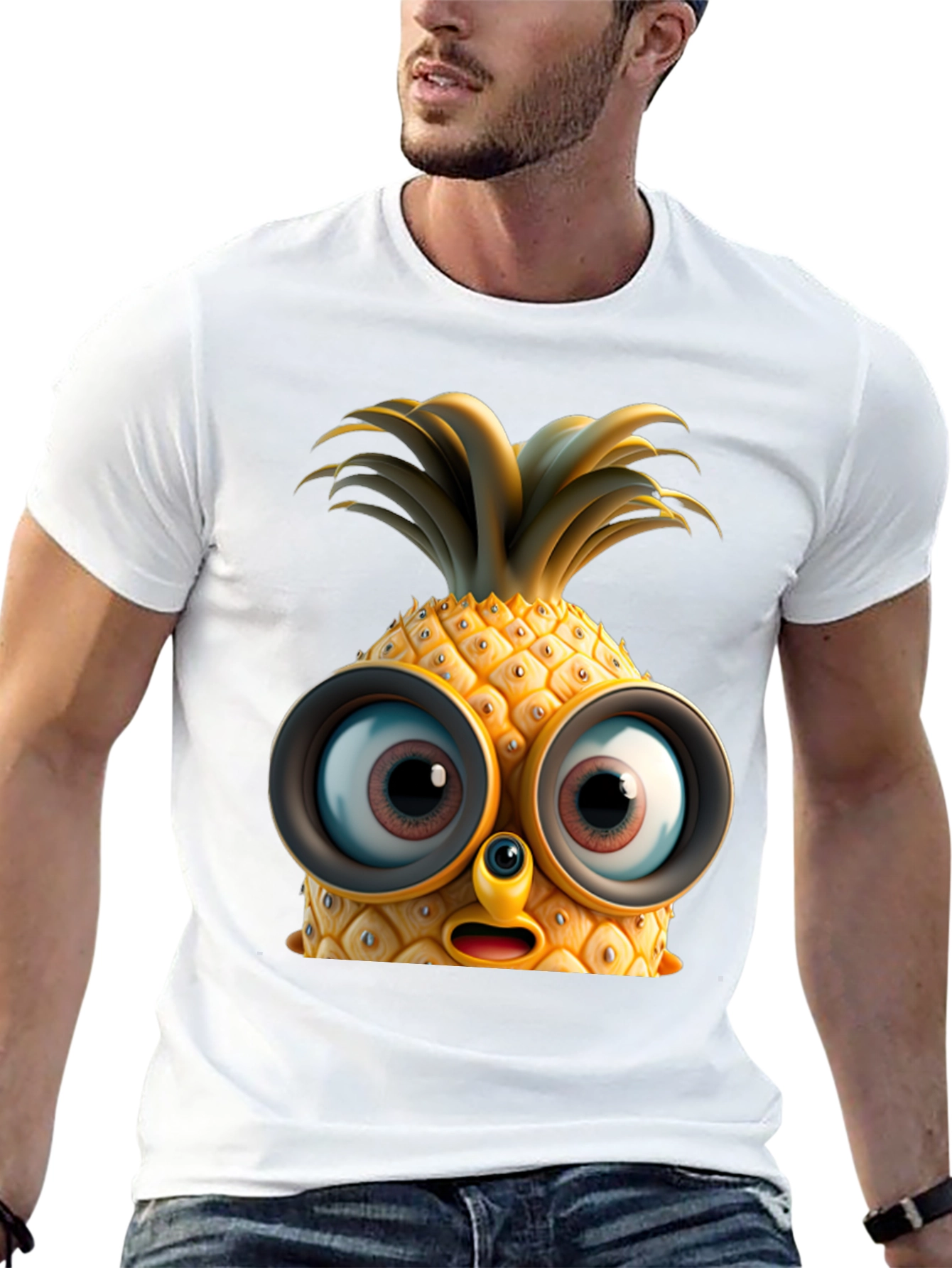 Black Funny Pineapple Face Graphic T-Shirt view 13