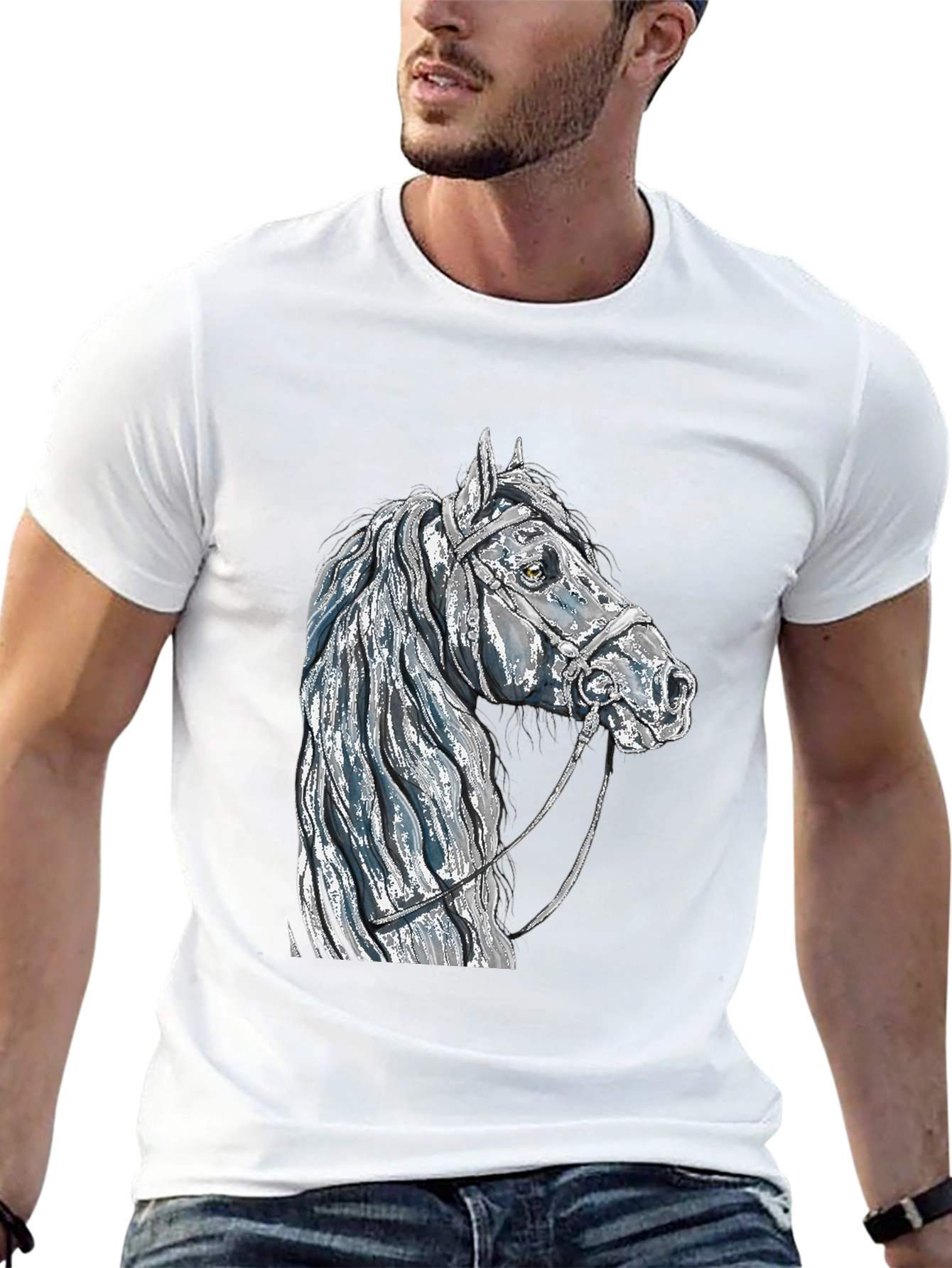 Black Horse Head Graphic Tee - Black Cotton Blend T-Shirt view 13