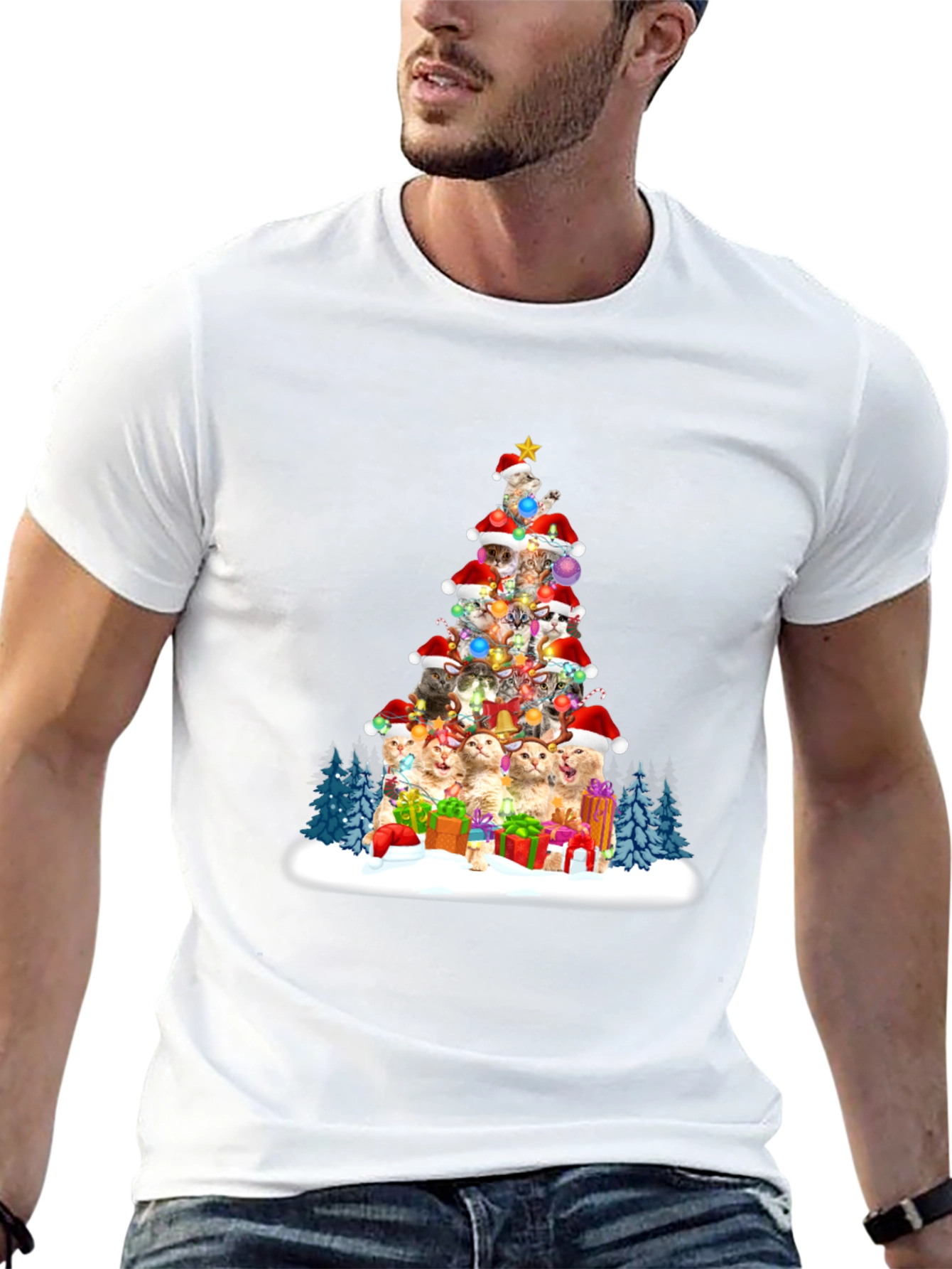 Black Festive Cat Christmas Tree T-Shirt view 13