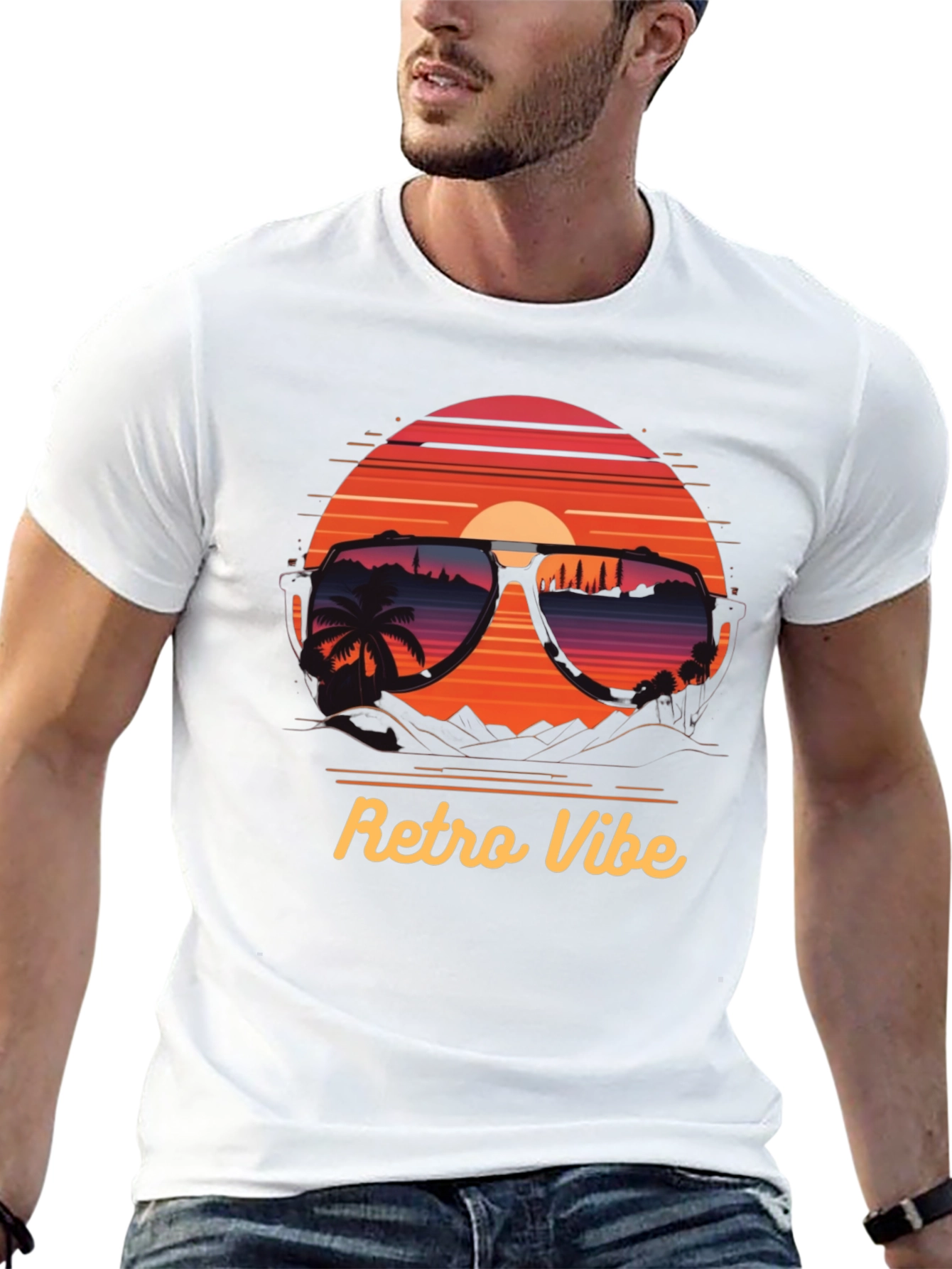 Black Retro Vibe T-Shirt - Sunglasses Sunset Design view 13