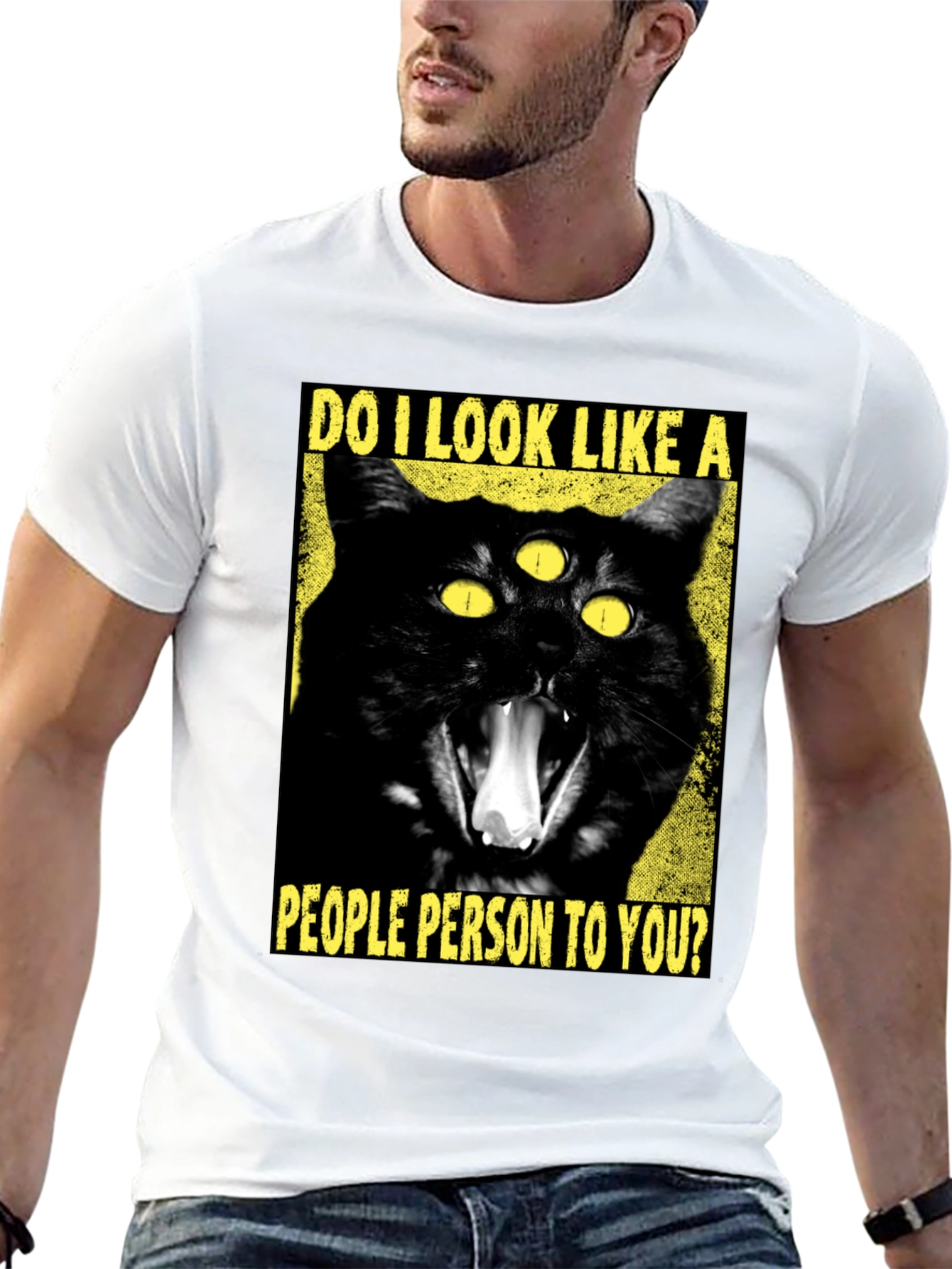 Black Three-Eyed Cat T-Shirt - "People Person" Funny Graphic Tee view 13