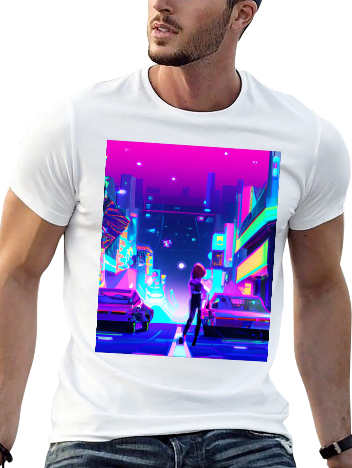 Black Neon Cityscape T-Shirt - Futuristic Style view 13