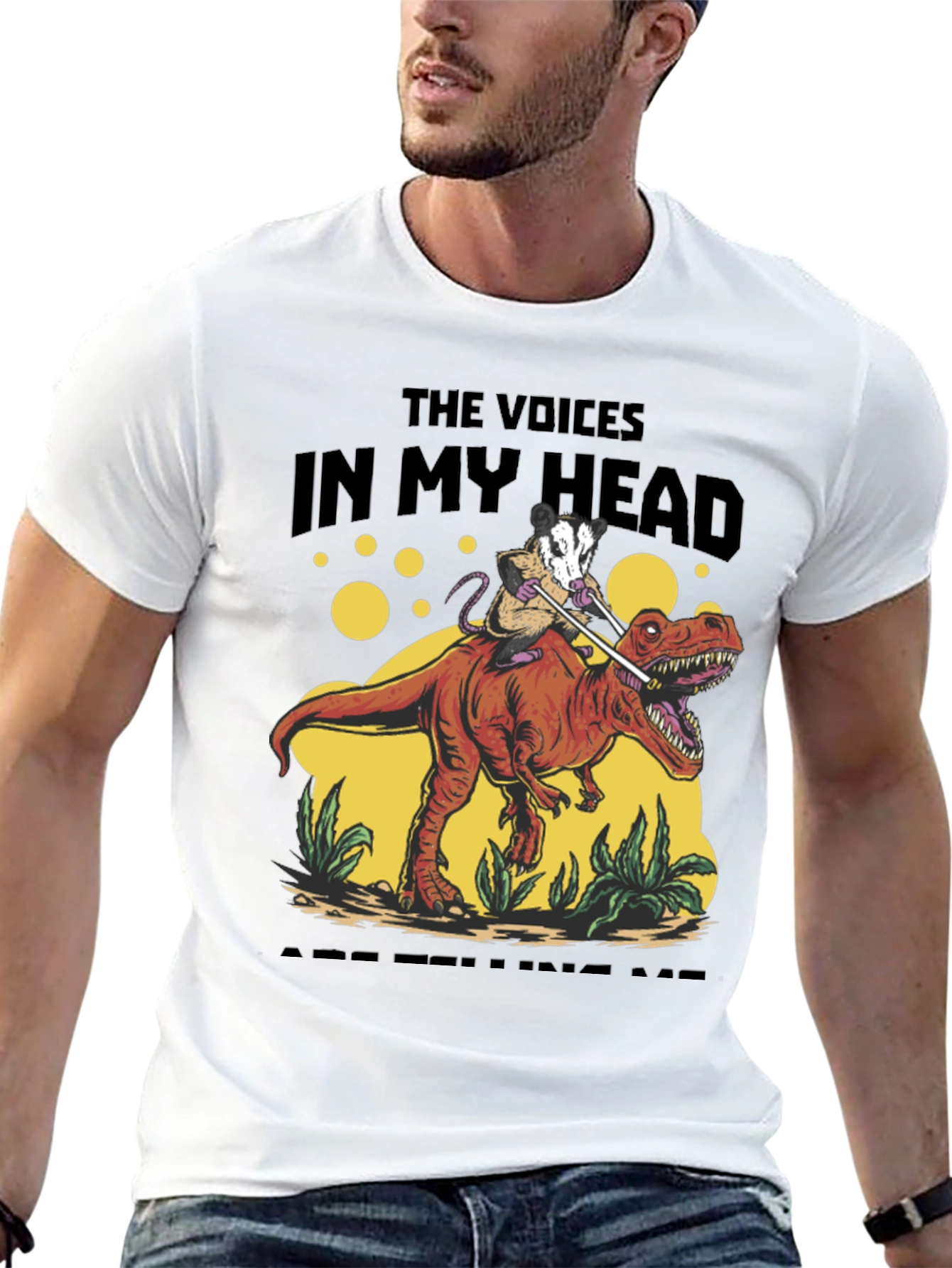 Black Opossum Riding Dinosaur T-Shirt - The Voices In My Head view 13