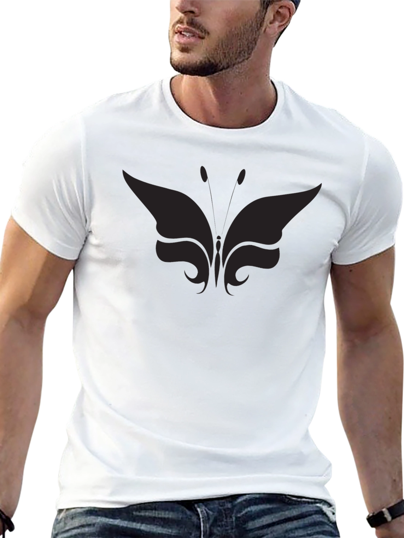 Black Men's Black Butterfly Graphic T-Shirt Casual Crew Neck view 13