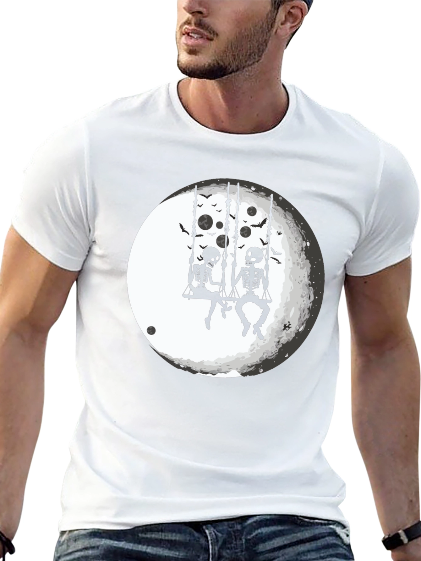 Black Skeleton Moon Swing Graphic T-Shirt view 13
