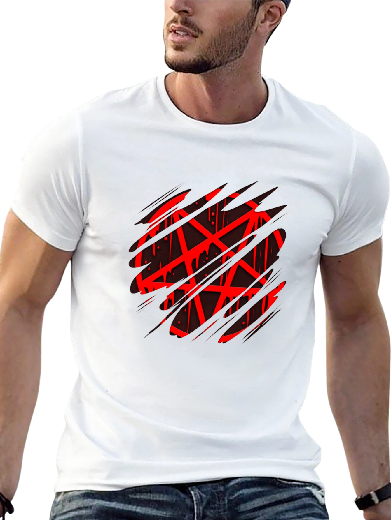 Black Men's Black Graphic Tee - Red Pentagram Design view 13