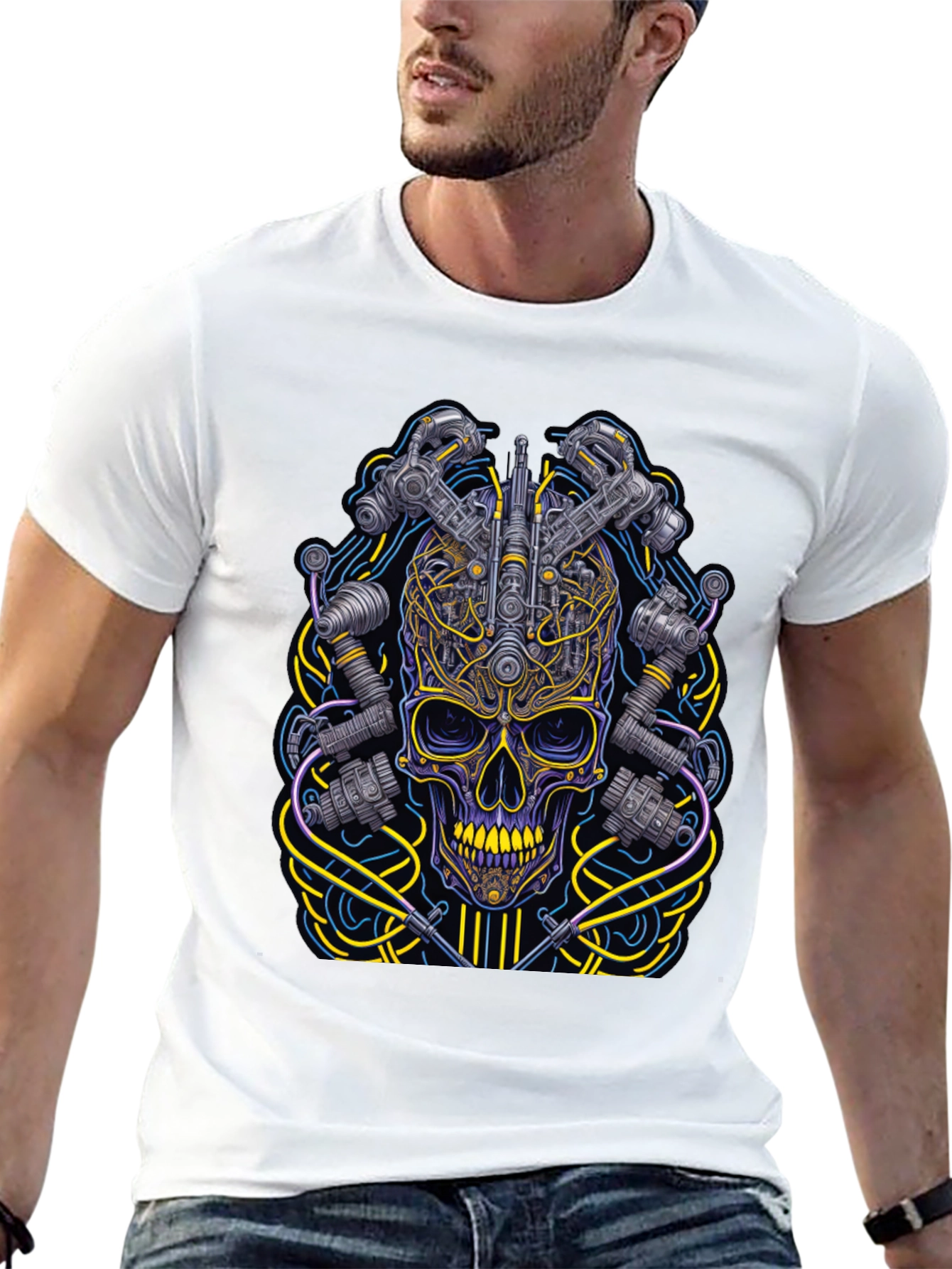 Black Cyberpunk Skull Graphic T-Shirt view 13