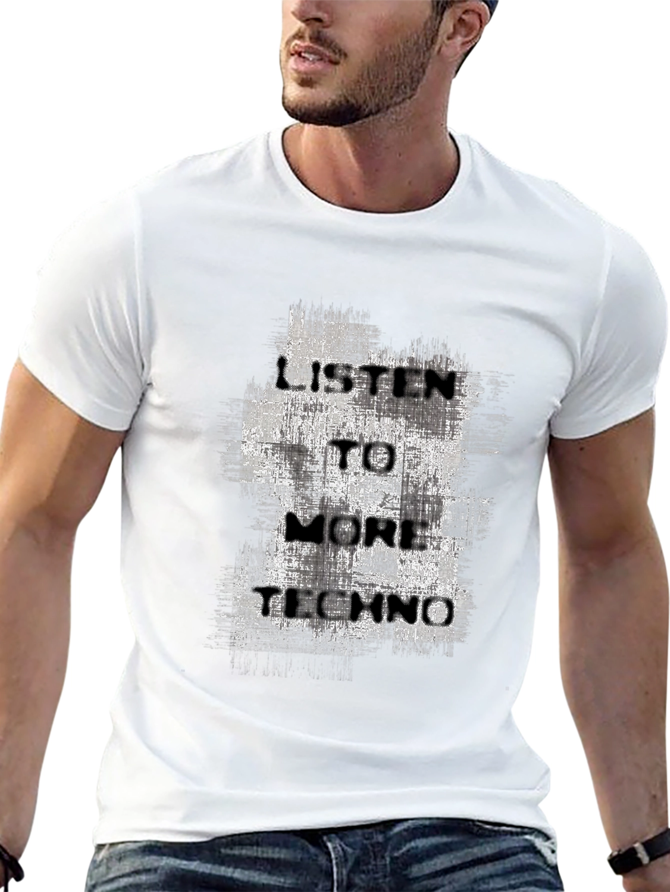 Black Listen To More Techno Graphic Tee - Black Cotton T-Shirt view 13