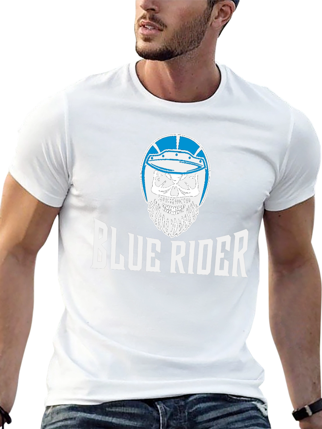 Black Blue Rider Graphic T-Shirt - Skull & Helmet Design view 13
