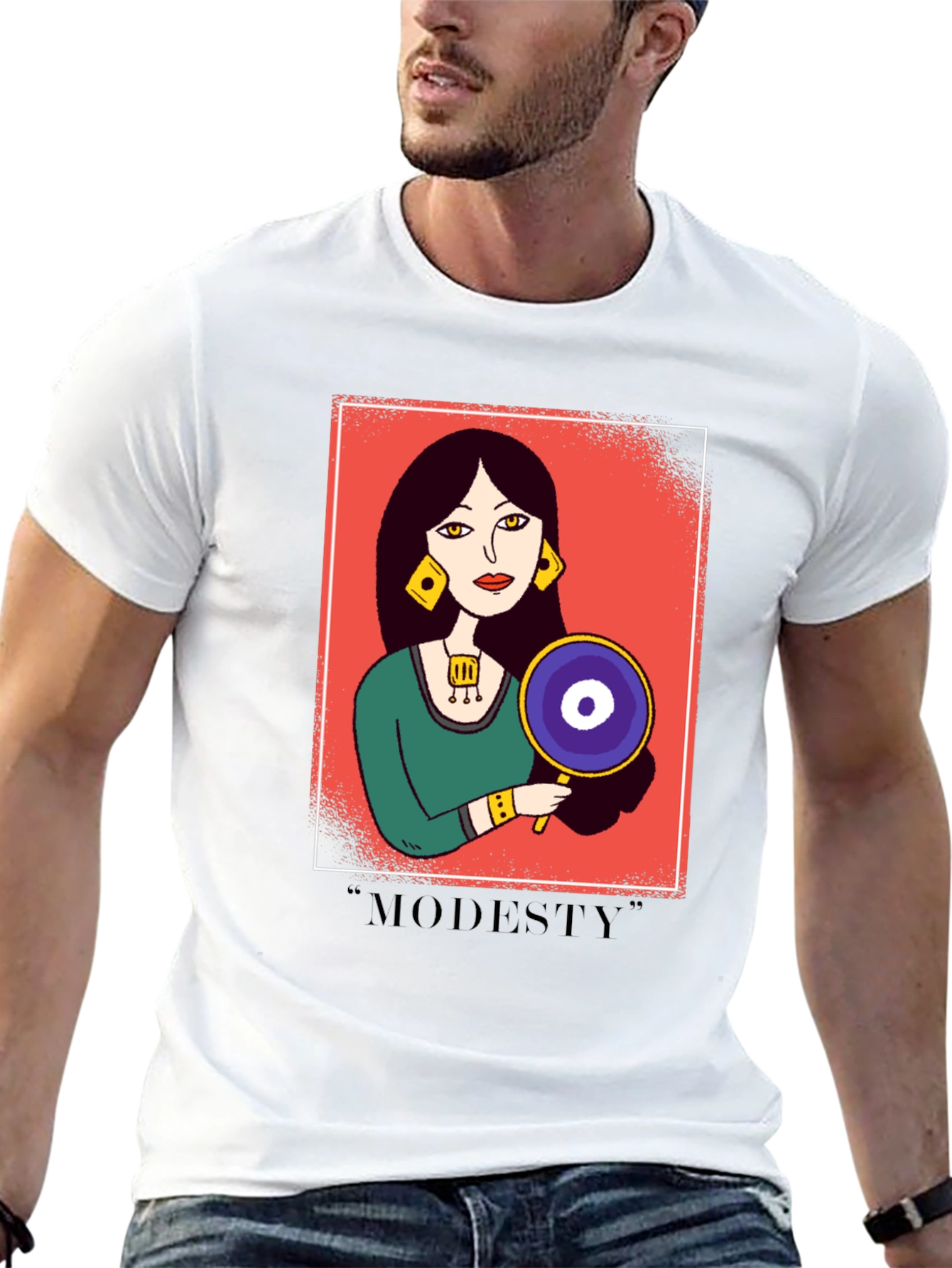 Black Graphic T-Shirt with "Modesty" Design view 13