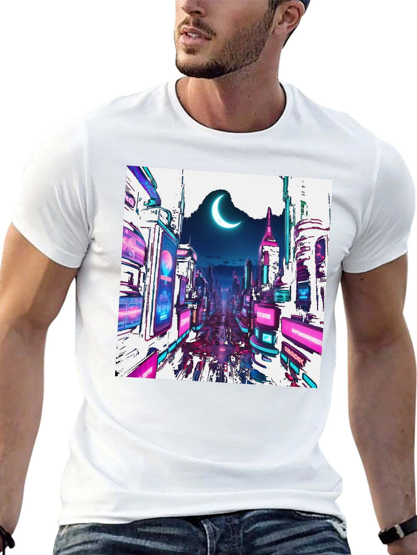 Black Cyberpunk Cityscape Graphic Tee - Crescent Moon Edition view 13