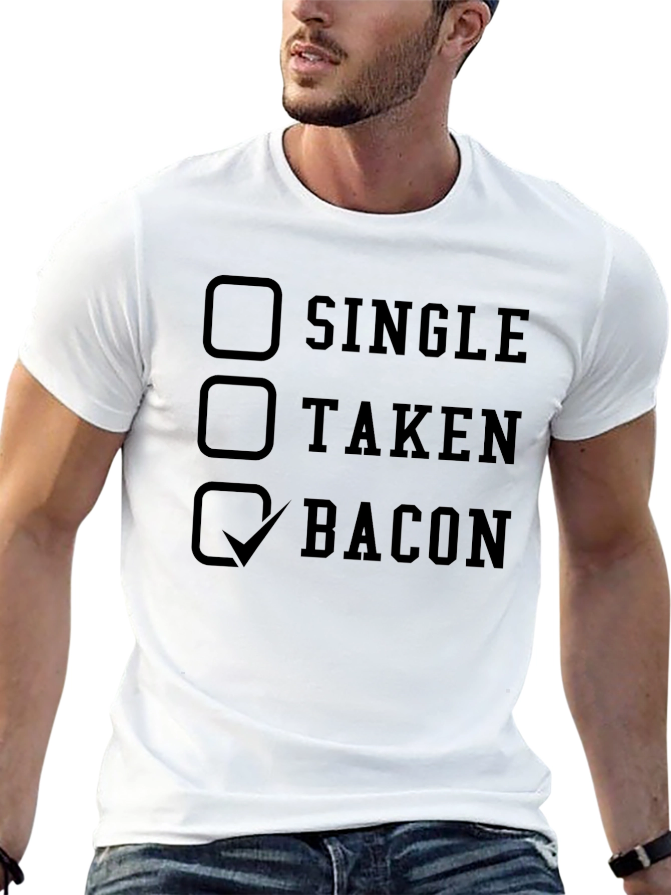 Black Bacon Lover's T-Shirt: Single, Taken, Bacon Checkbox view 13