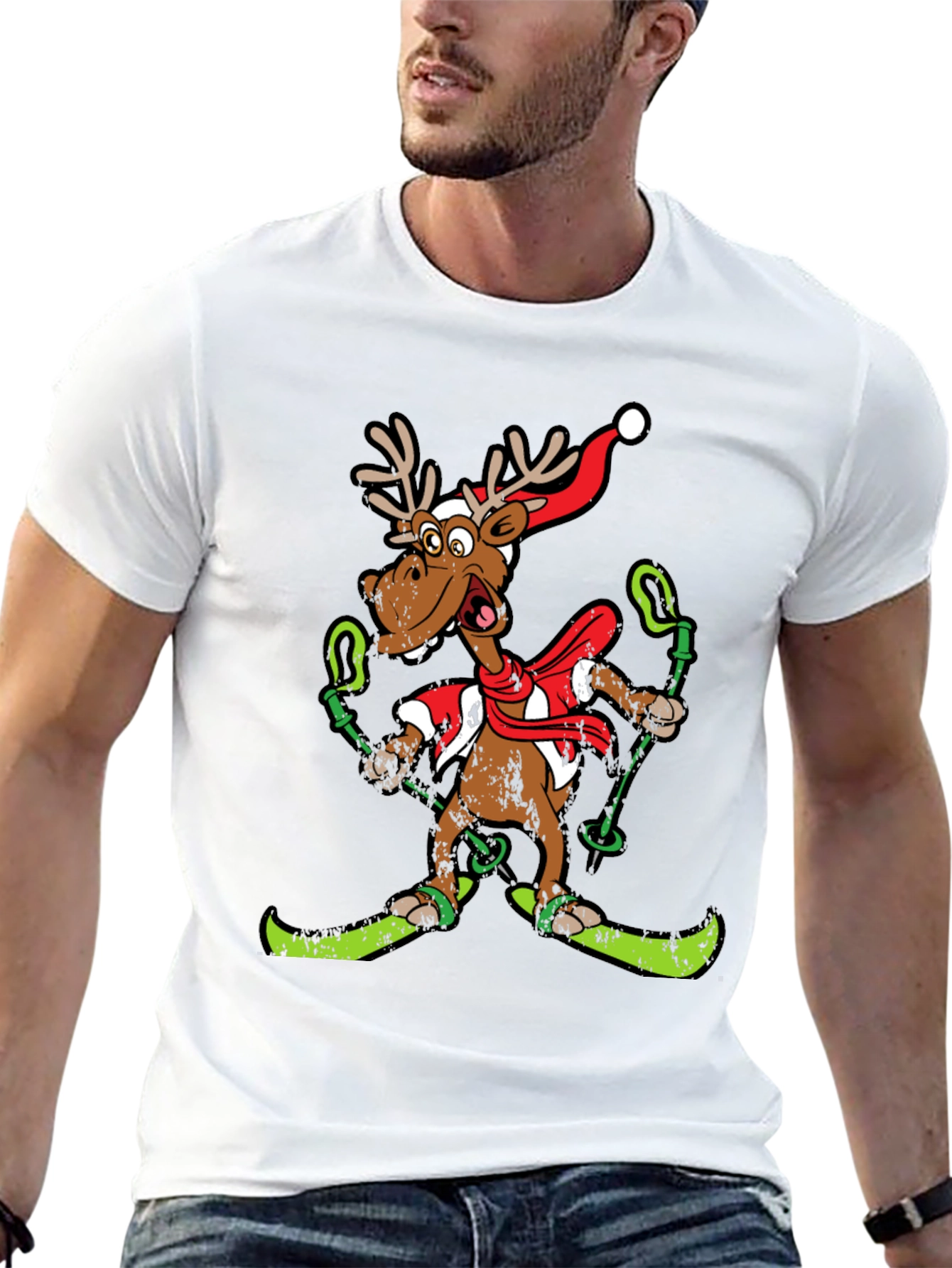 Black Funny Skiing Reindeer Christmas Graphic Tee view 13