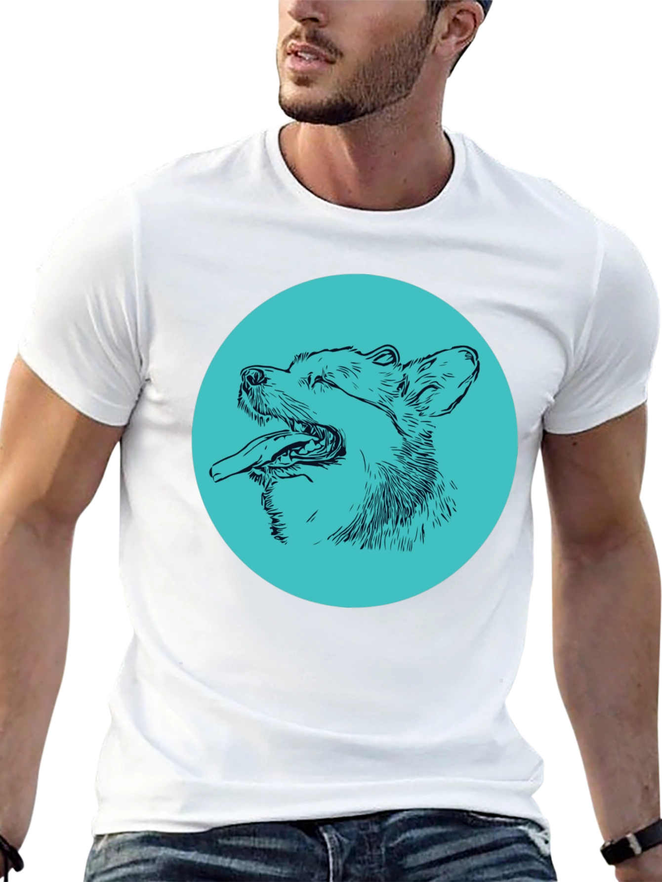 Dog Sketch Graphic Tee - Cool Aqua Print on Black Shirt - 13