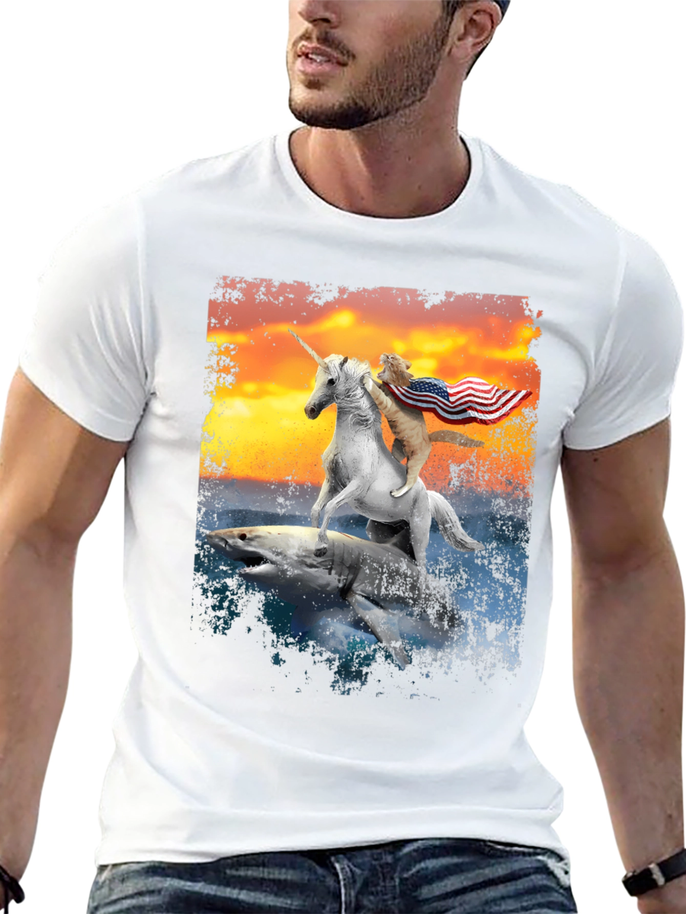 Black Cat Riding Unicorn on Shark T-Shirt view 13
