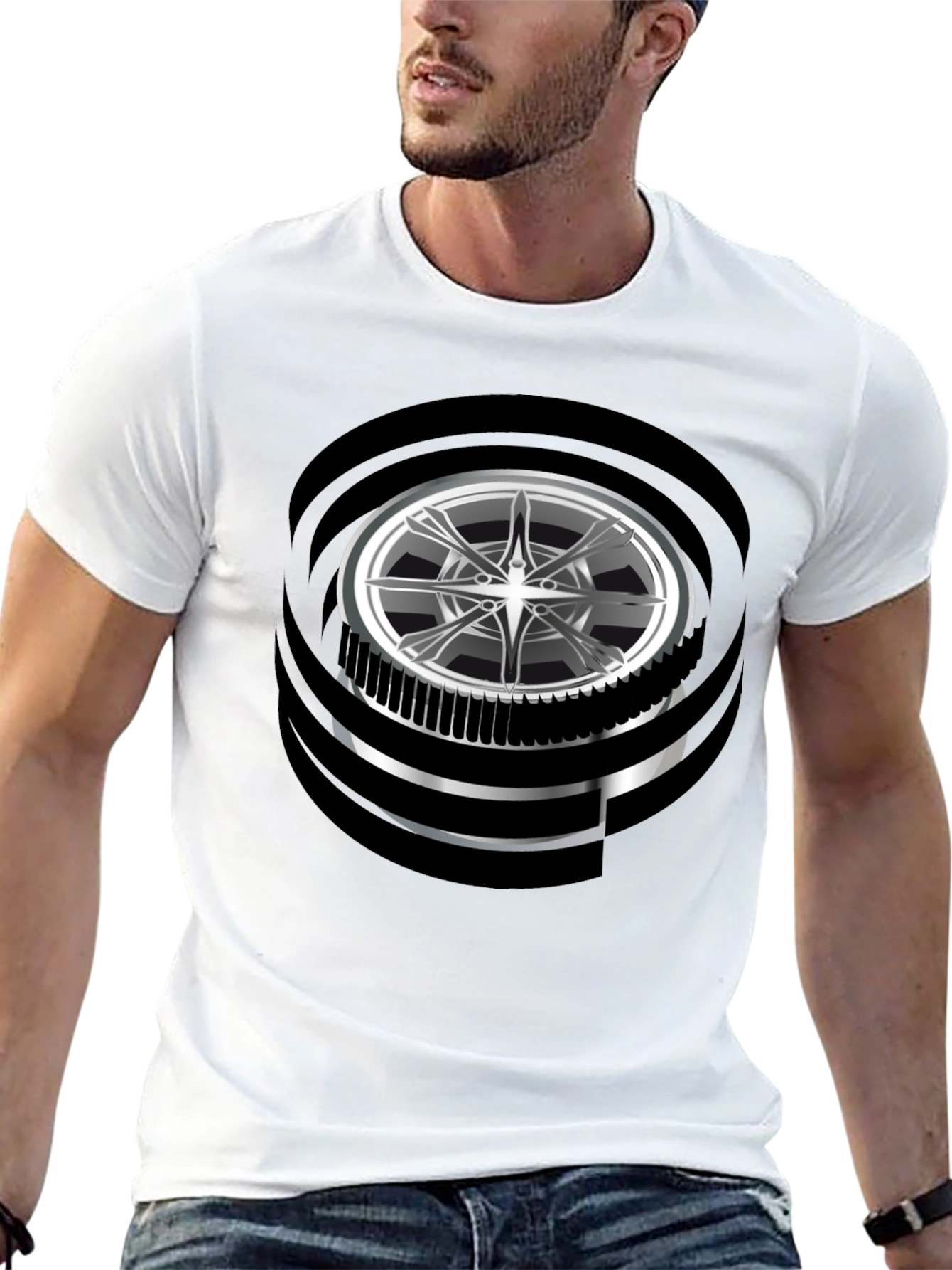 Black Modern Graphic Wheel Design Black T-Shirt view 13