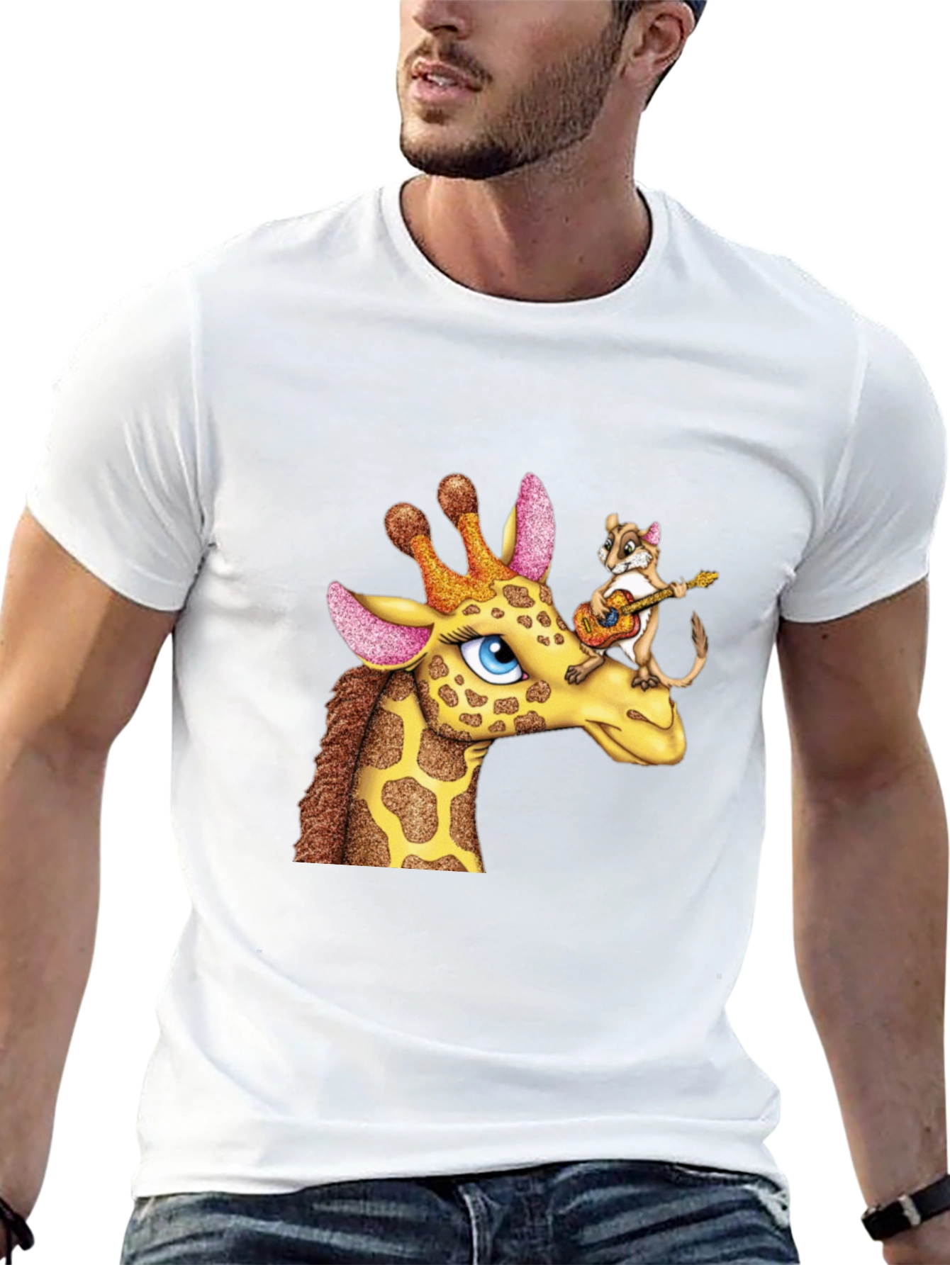 Black Giraffe & Squirrel Cartoon Graphic Black T-Shirt view 13