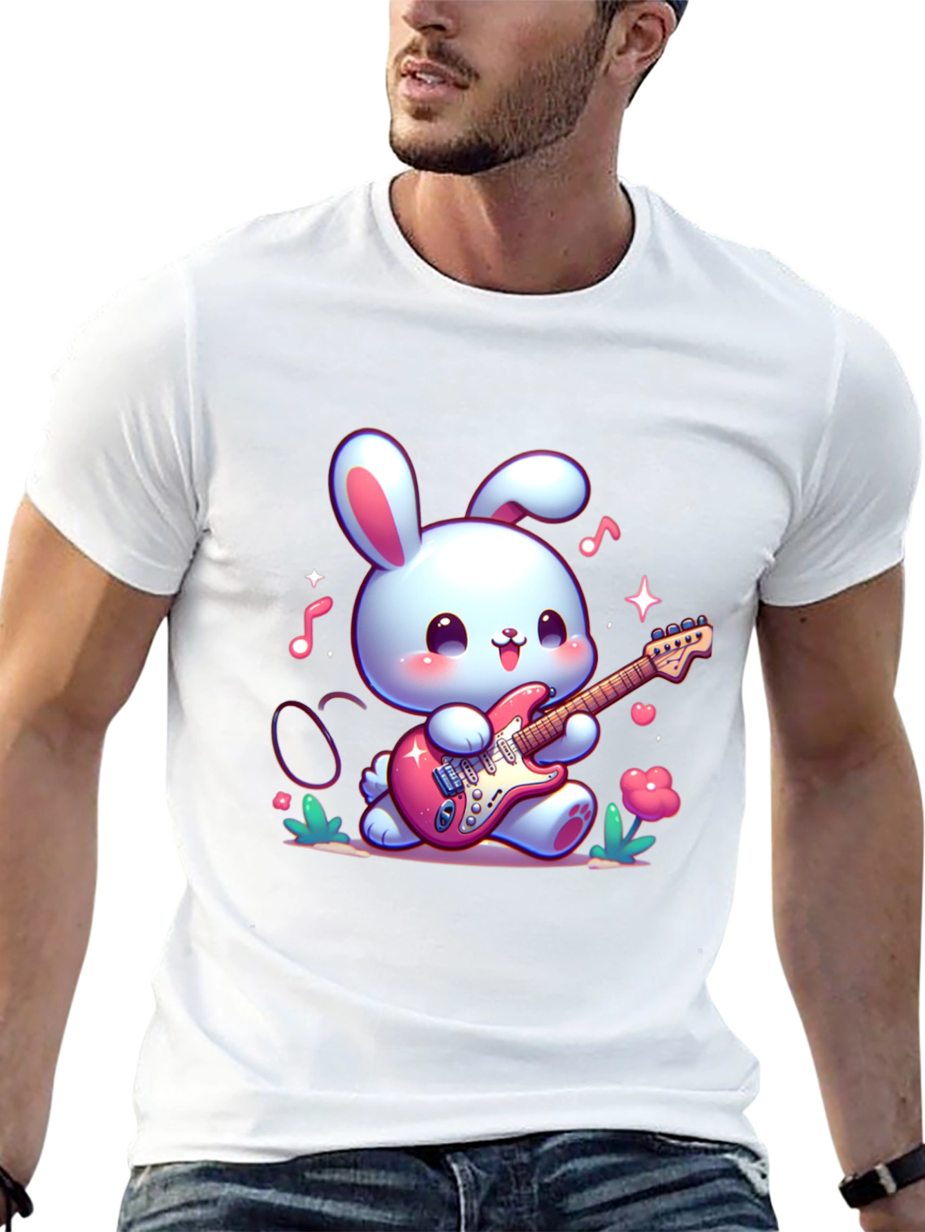 Black Cute Bunny Guitarist Black T-Shirt view 13
