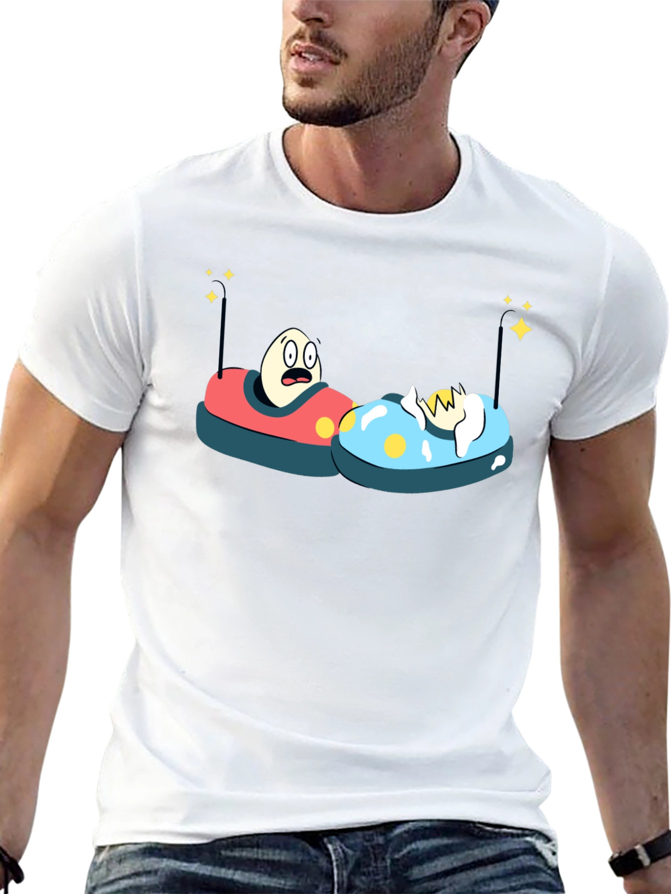 Black Bumper Car Eggs T-Shirt - Fun Cartoon Graphic Tee view 13
