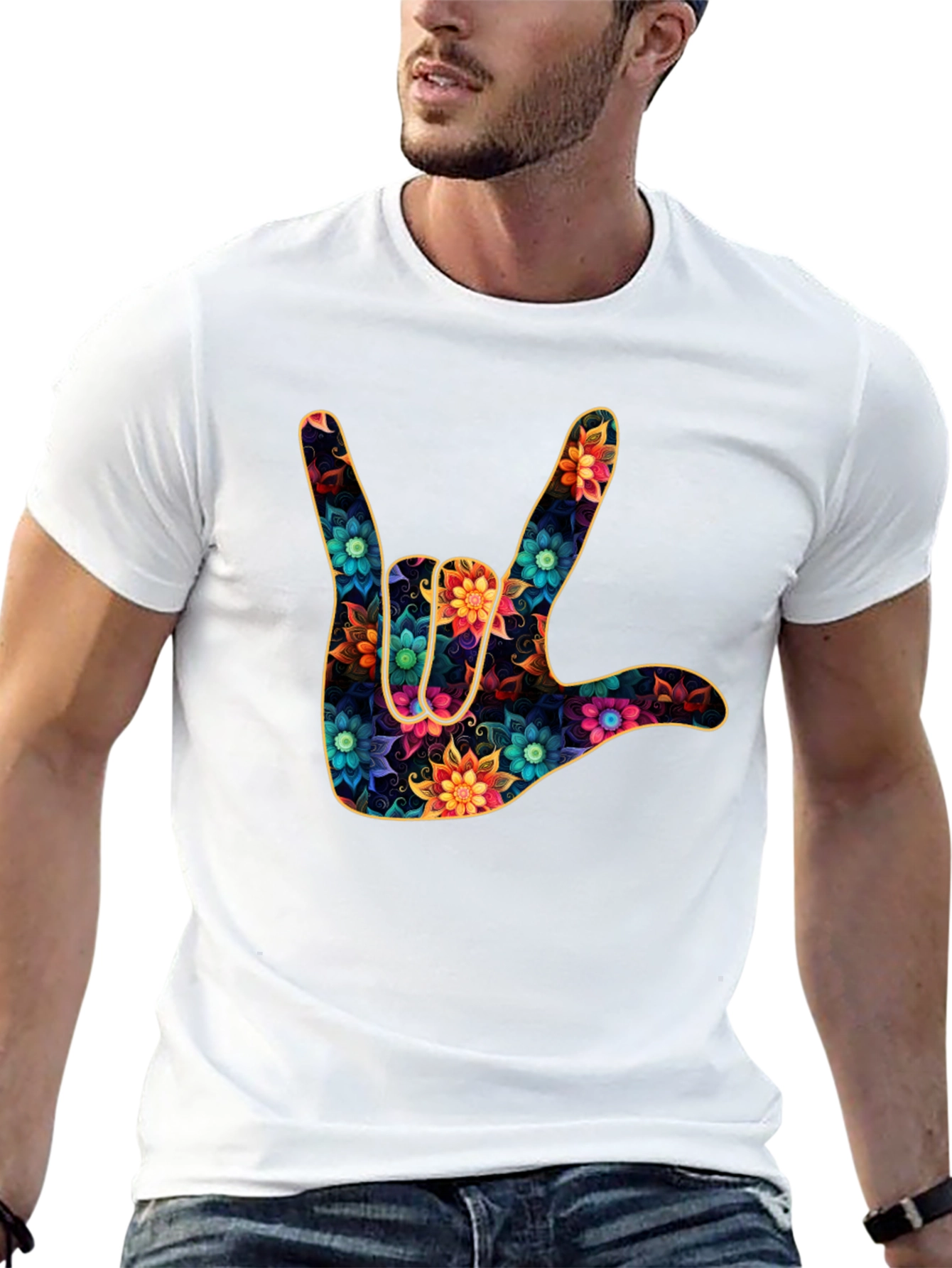Black Floral "I Love You" Hand Sign Black T-Shirt view 13