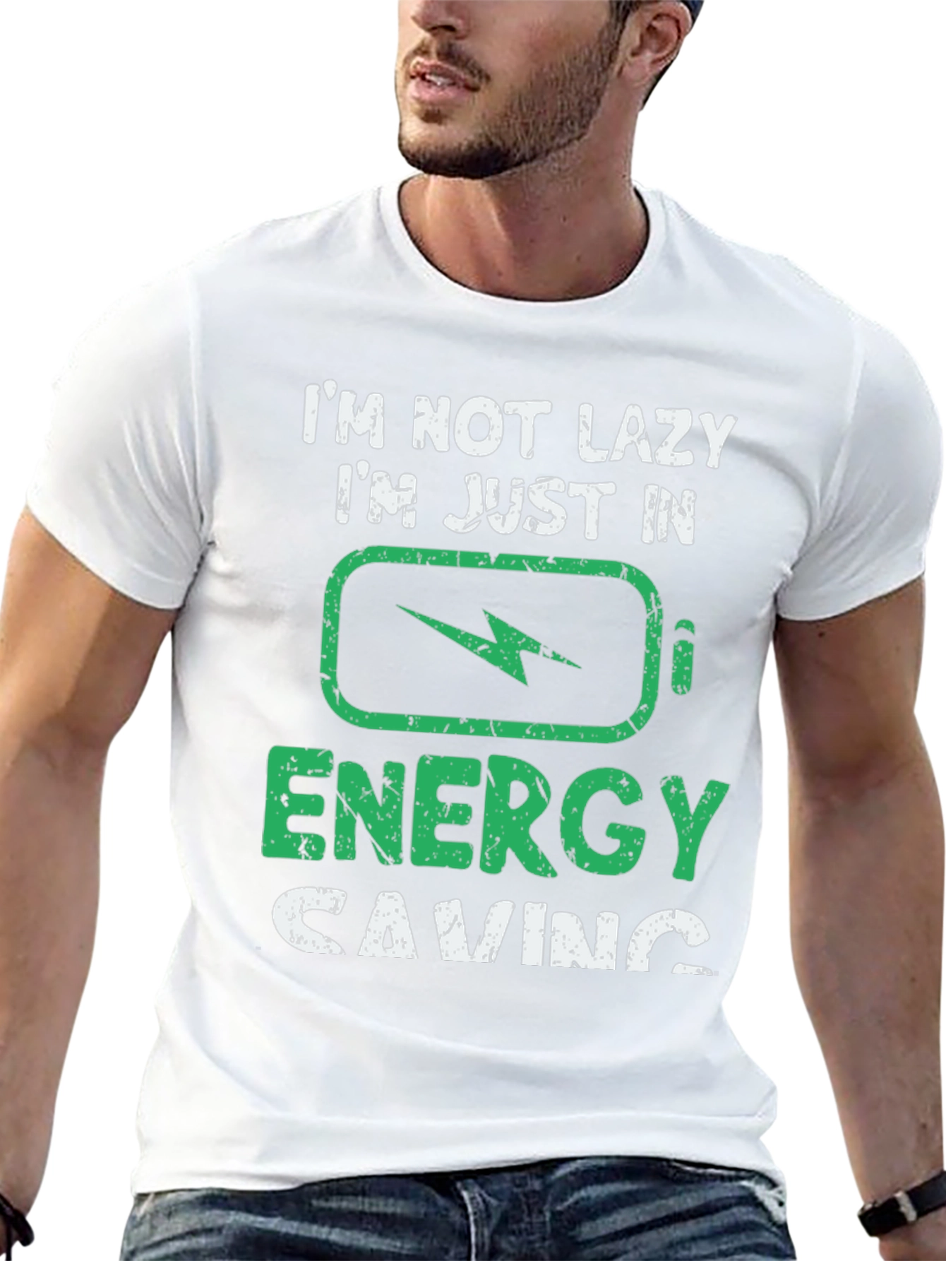 Black Funny "Energy Saving" Graphic T-Shirt view 13