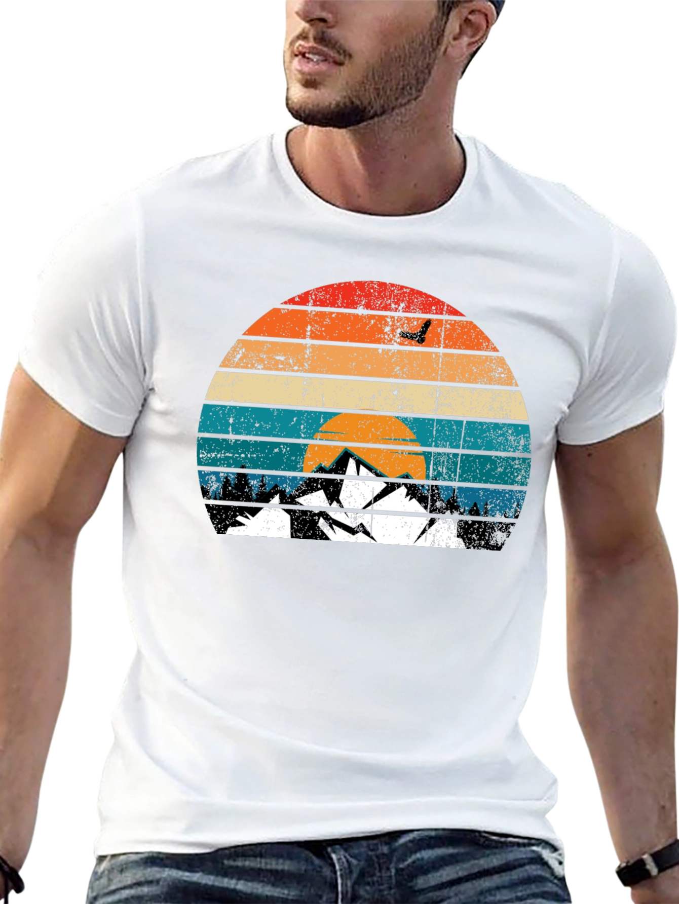 Black Retro Mountain Sunset Graphic T-Shirt view 13