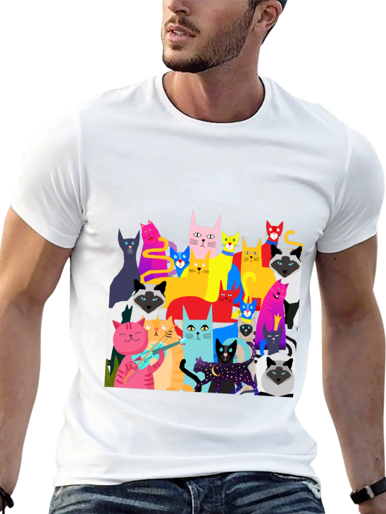 Black Colorful Cat Graphic Tee - Unique Fun Design view 13