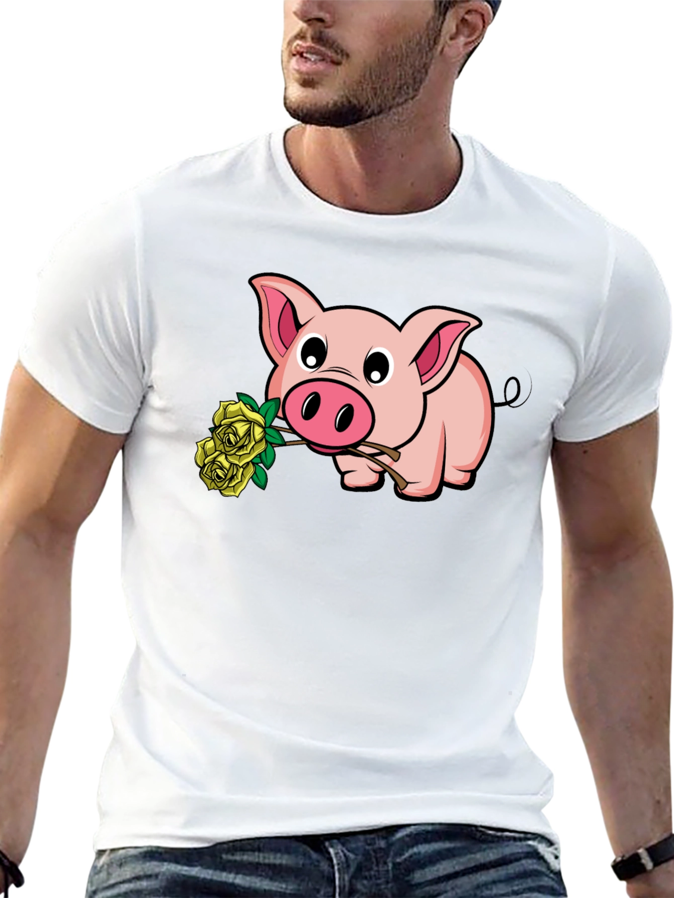 Black Pig Holding Yellow Roses Graphic T-Shirt view 13