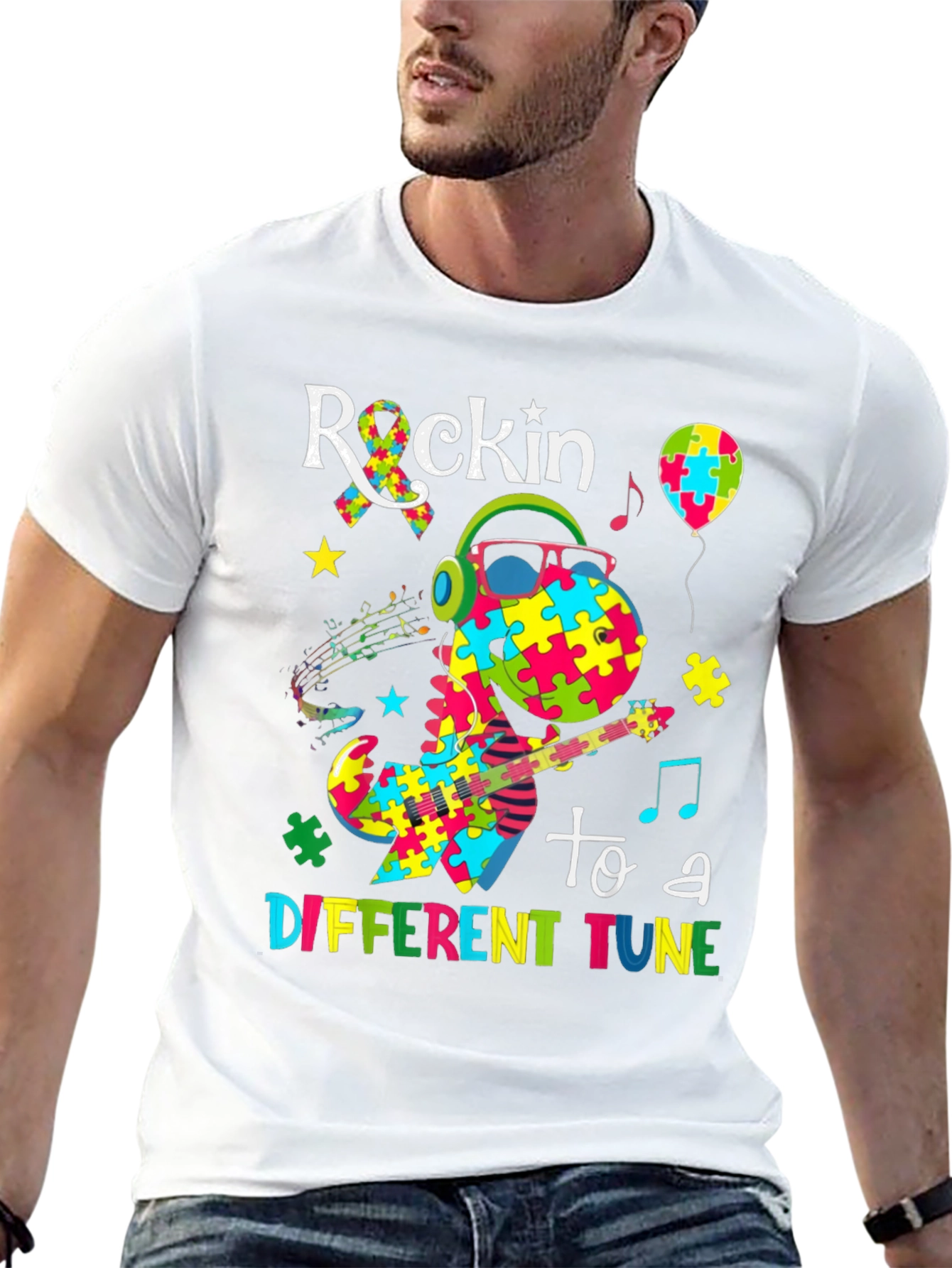 Black Rockin' to a Different Tune Autism Awareness T-Shirt view 13