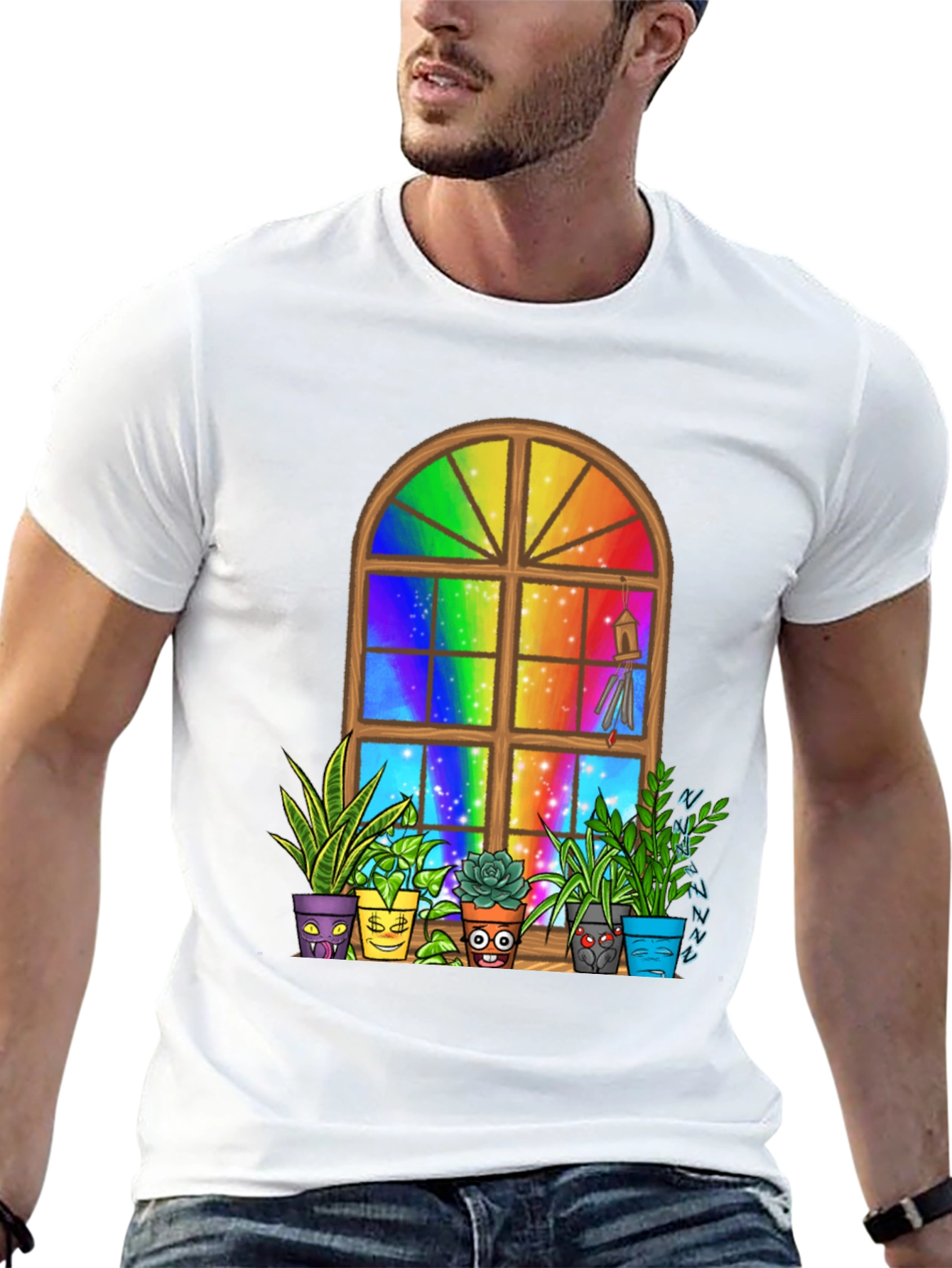 Black Rainbow Window Potted Plants Graphic Tee view 13