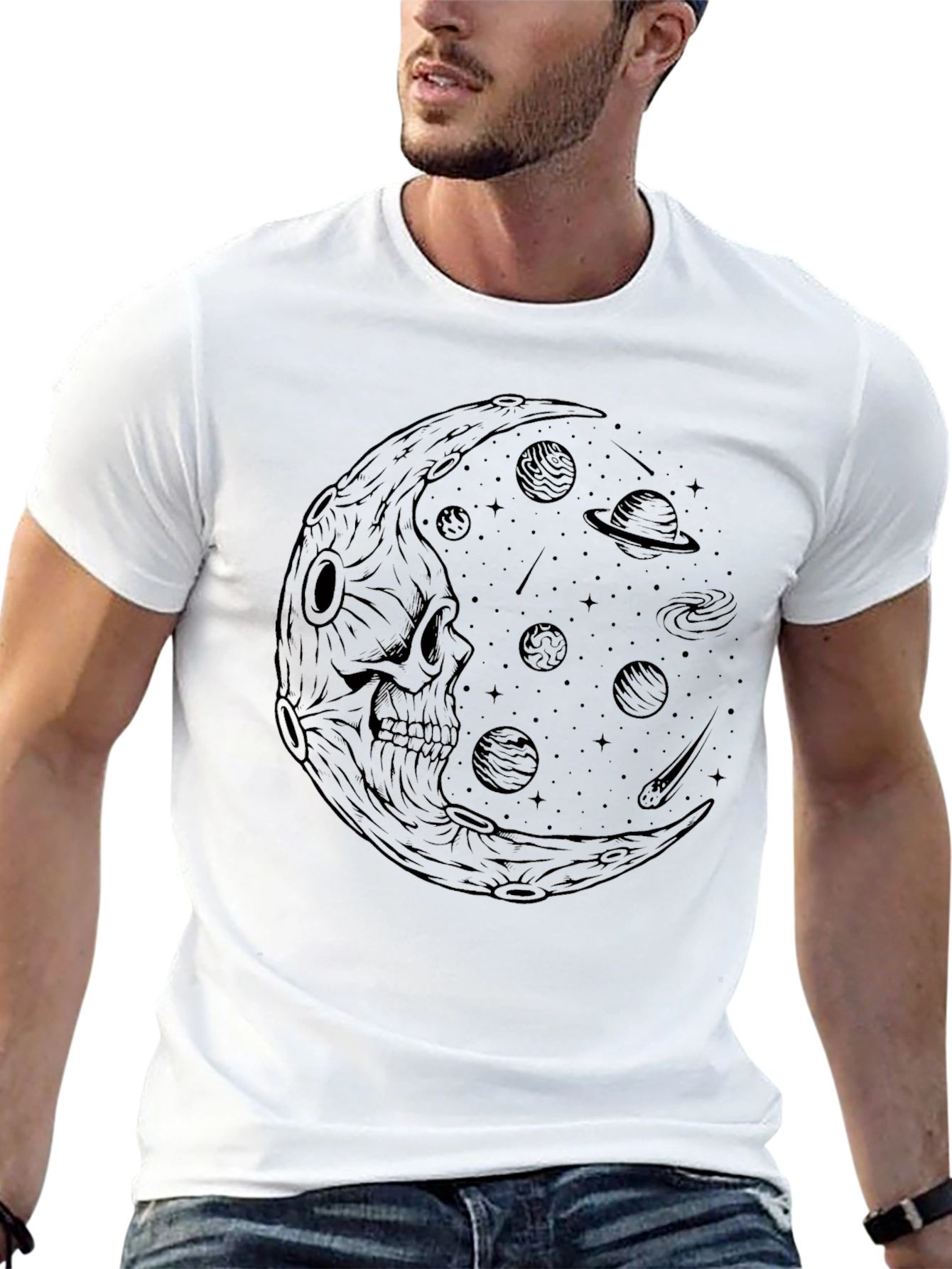 Black Skull Moon Galaxy Graphic Tee - Black Cotton T-Shirt view 13