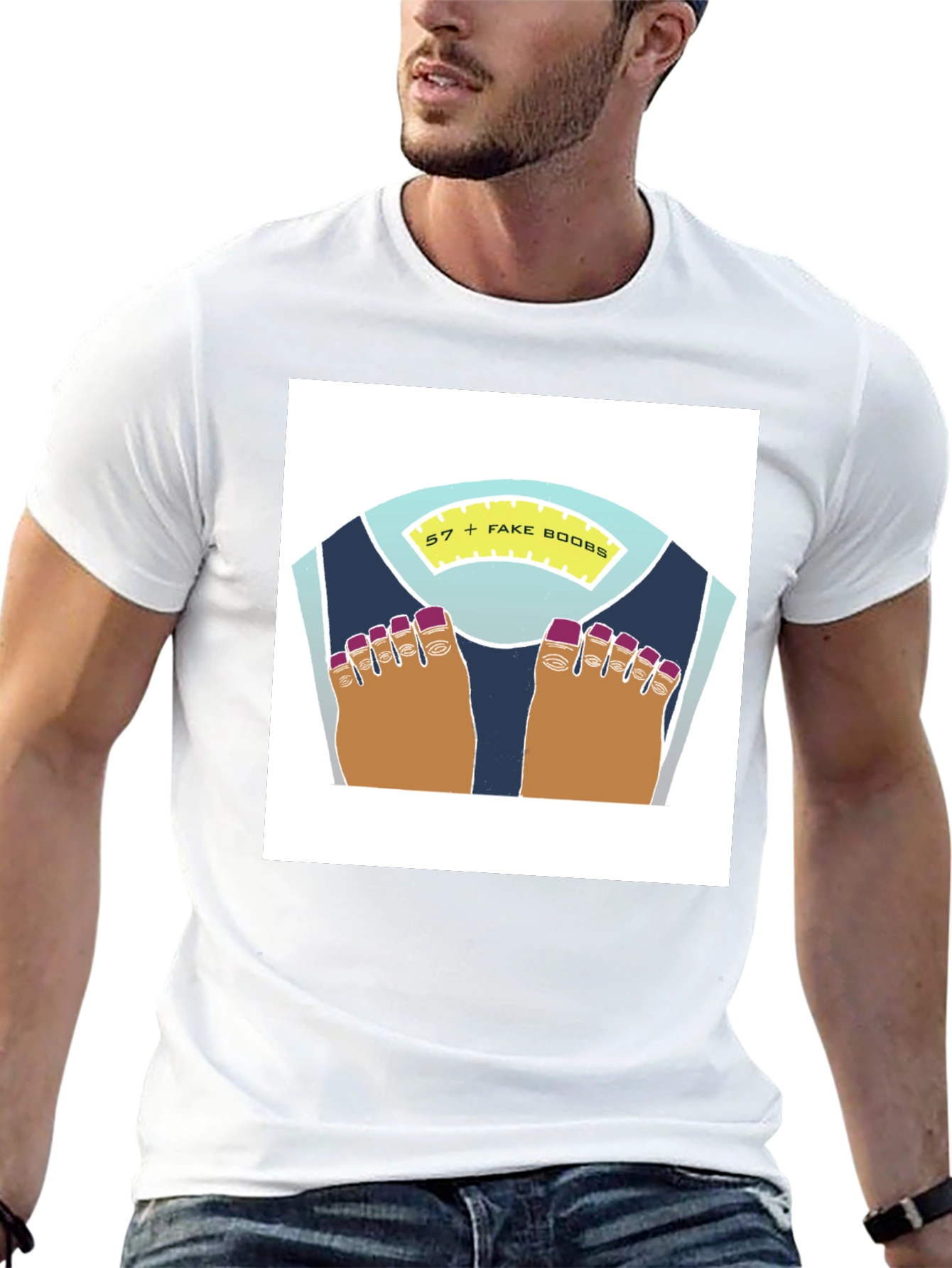 Black Funny Weight Scale Tee - 57 + Fake Boobs Humor T-Shirt view 13