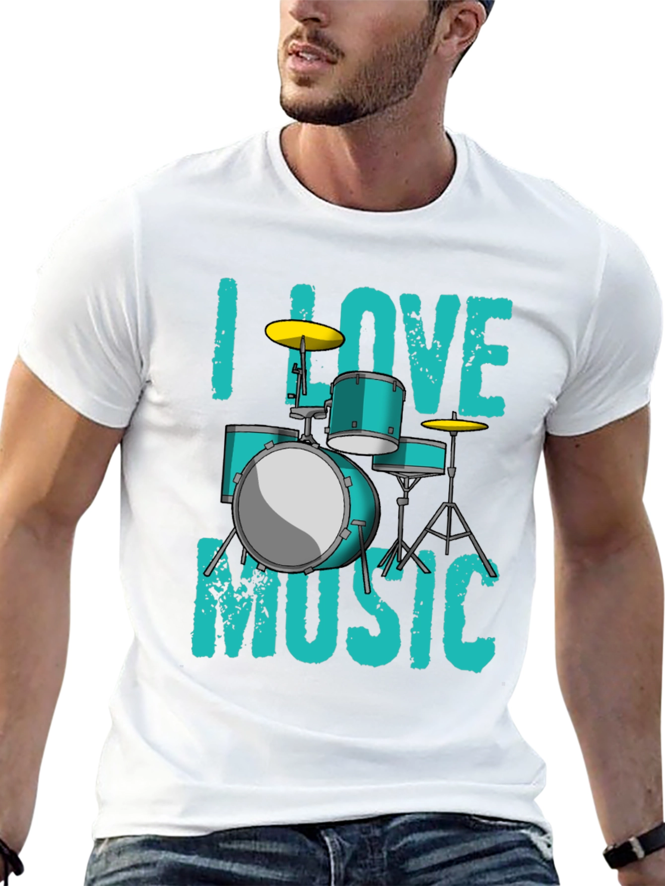 Black I Love Music Drum Set Graphic T-Shirt view 13