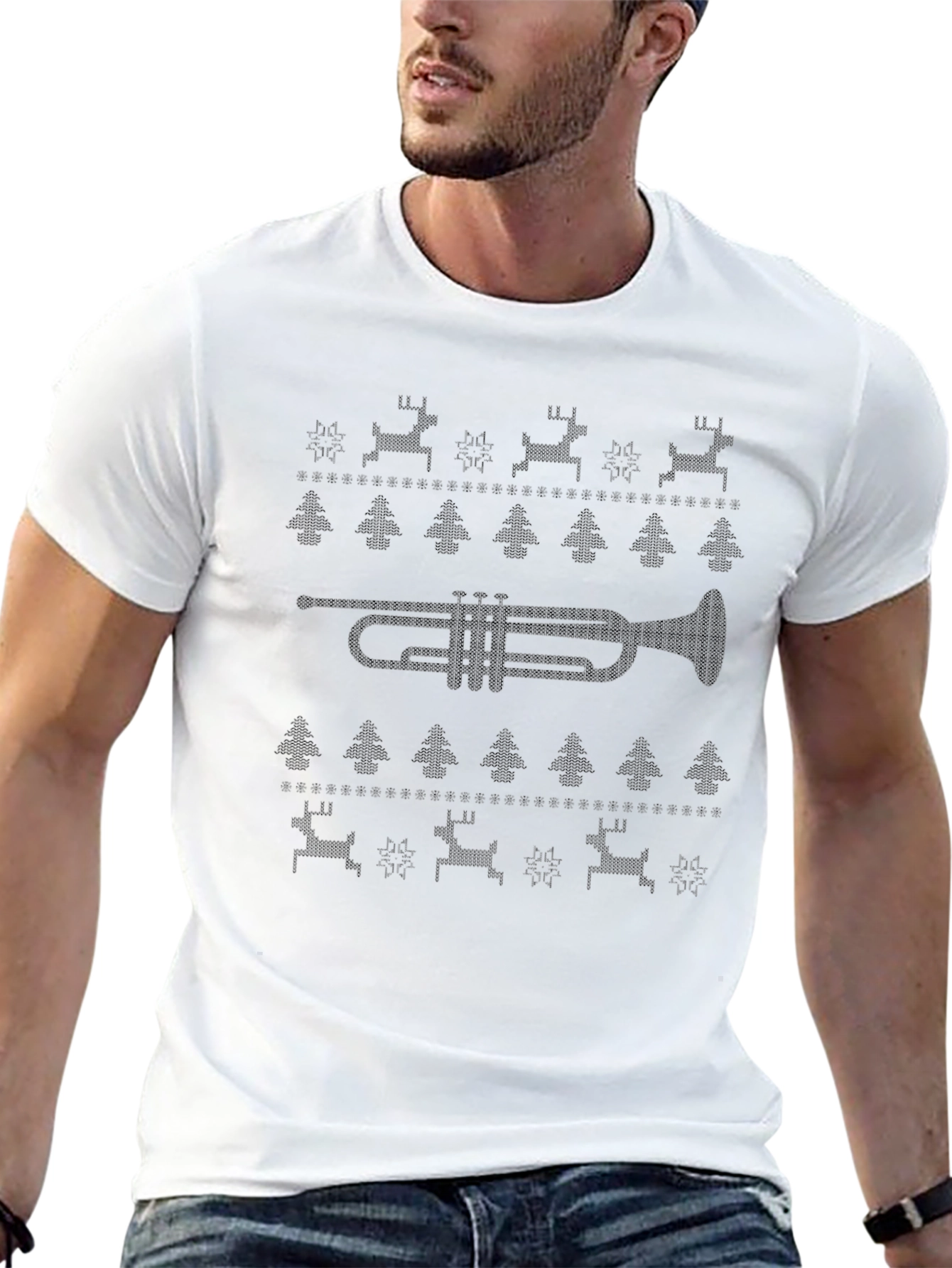 Black Novelty Trumpet Christmas Pattern T-Shirt view 13