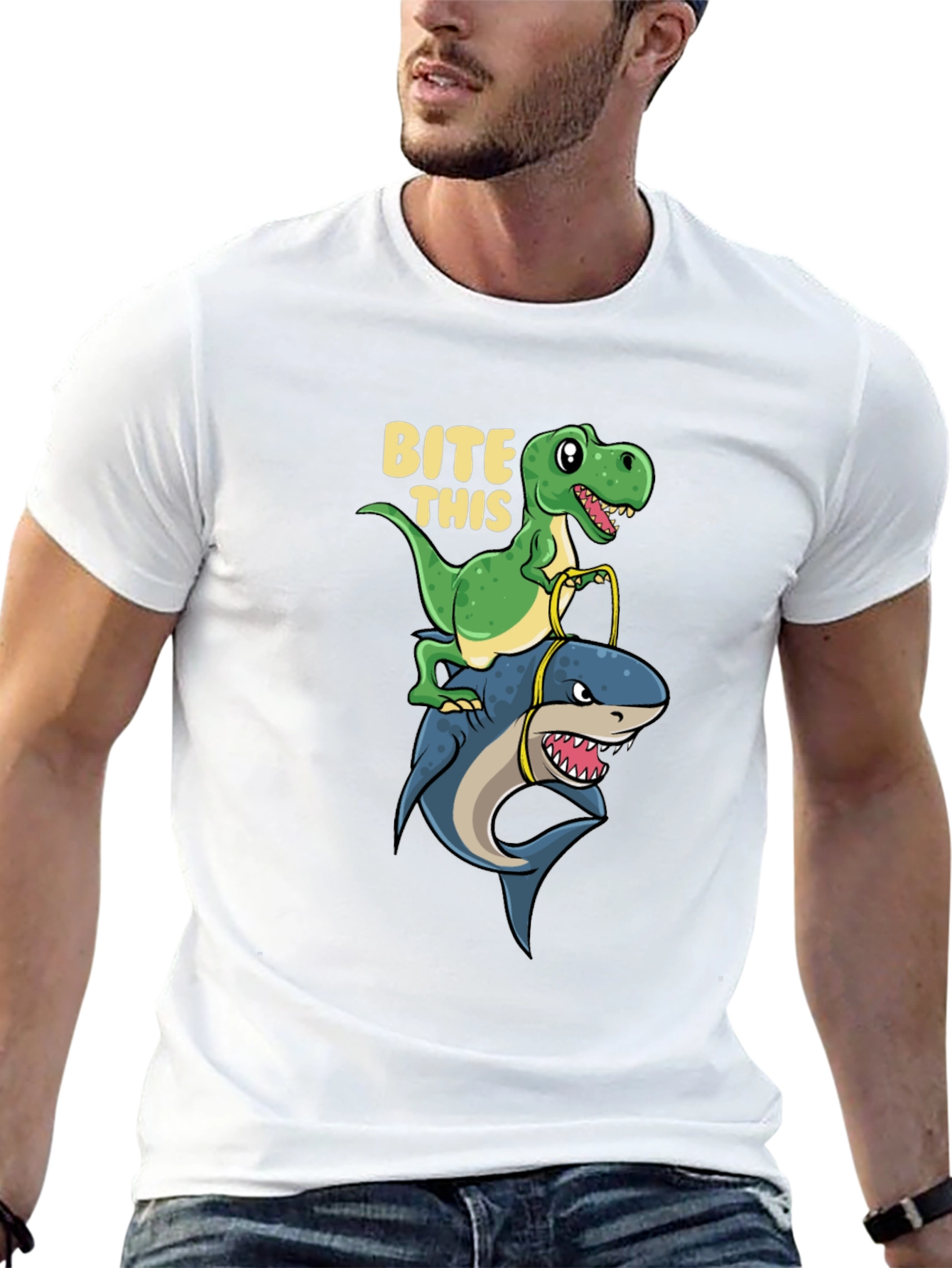 Black Dino Riding Shark T-Shirt - Bite This Funny Graphic Tee view 13