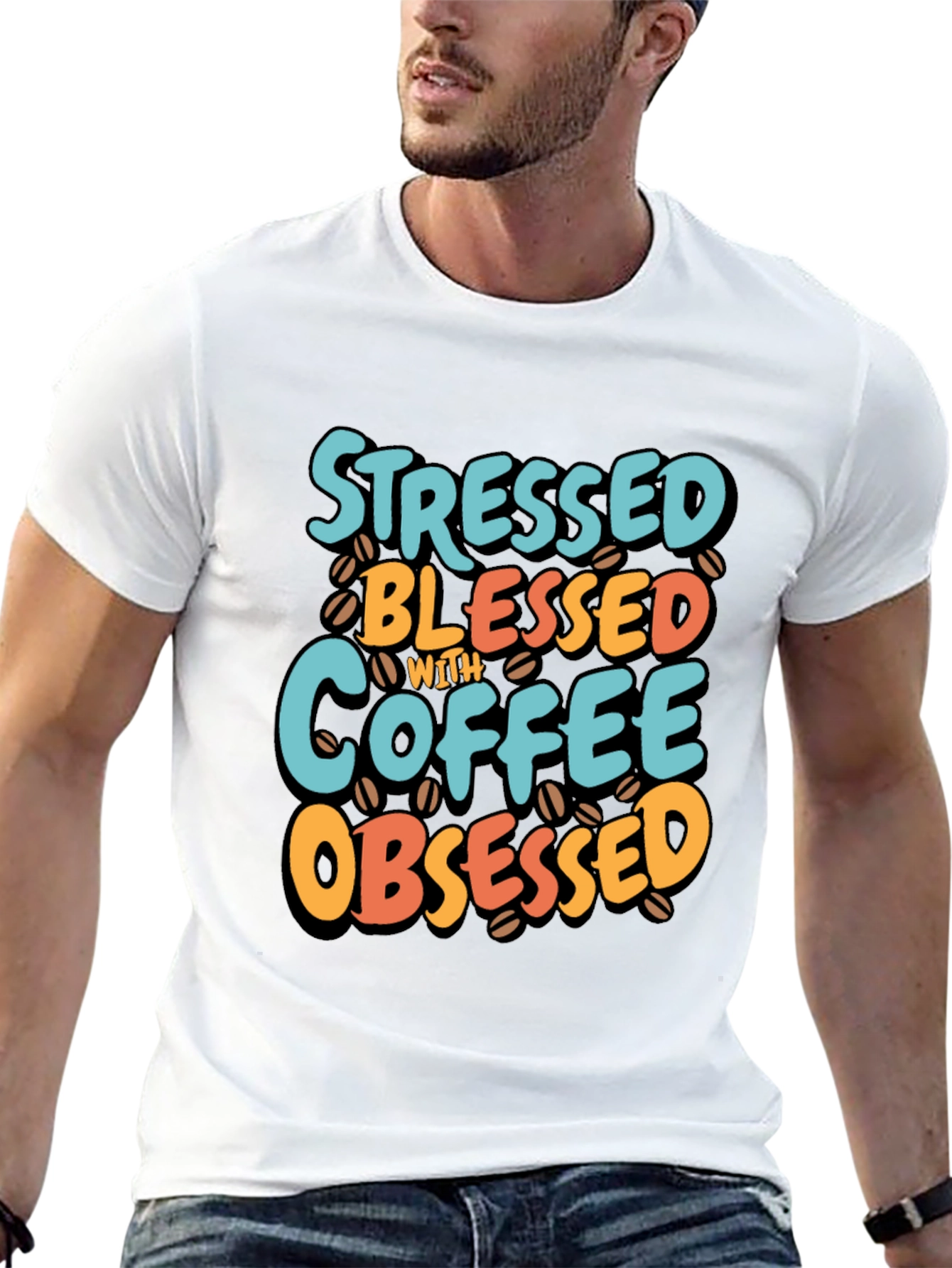 Black Stressed Blessed Coffee Obsessed T-Shirt view 13