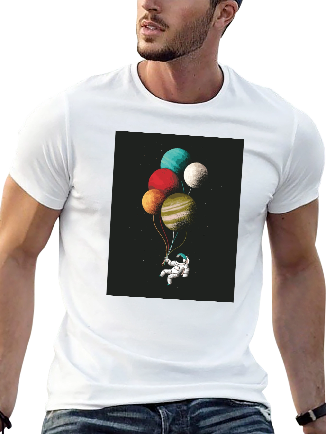 Black Astronaut Planet Balloons Graphic Tee - Black Cotton Blend view 13