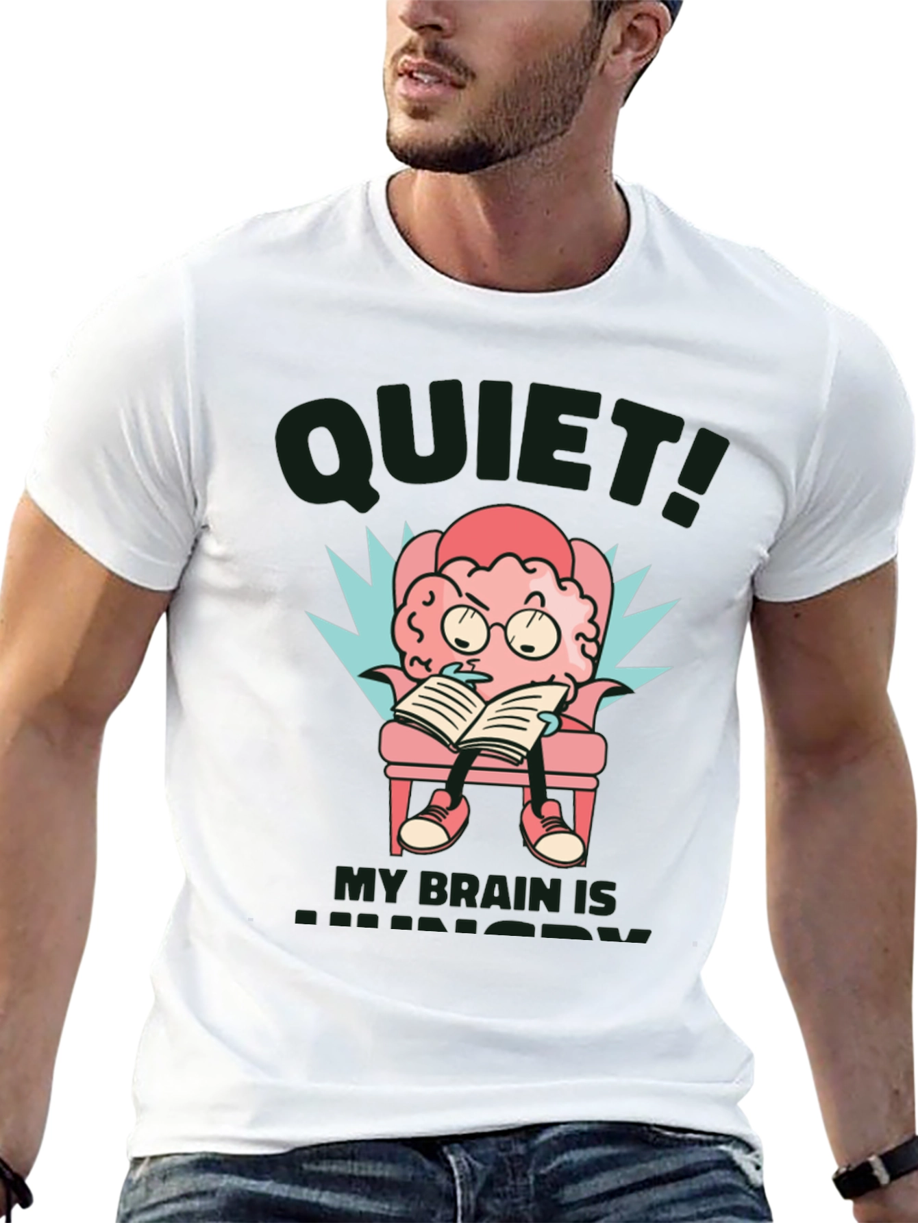 Black Quiet! My Brain is Hungry T-Shirt - Novelty Brain Cartoon Tee view 13