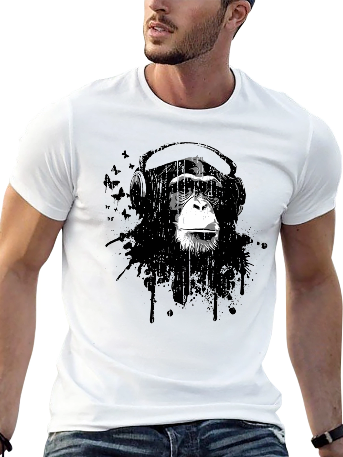 Black Cool Monkey Headphone Graphic T-Shirt view 13