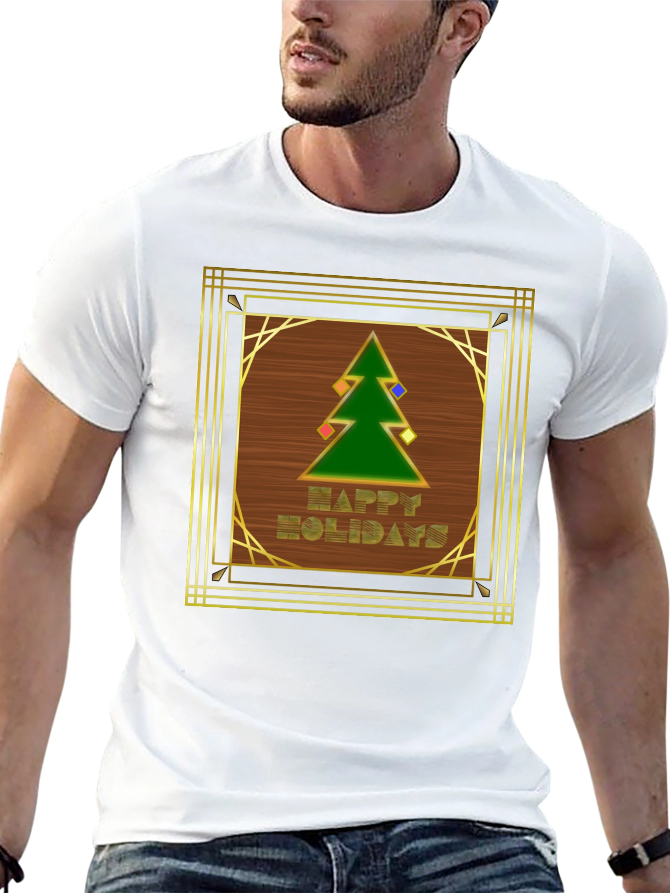 Black Art Deco Holiday T-Shirt - Happy Holidays Tree Design view 13