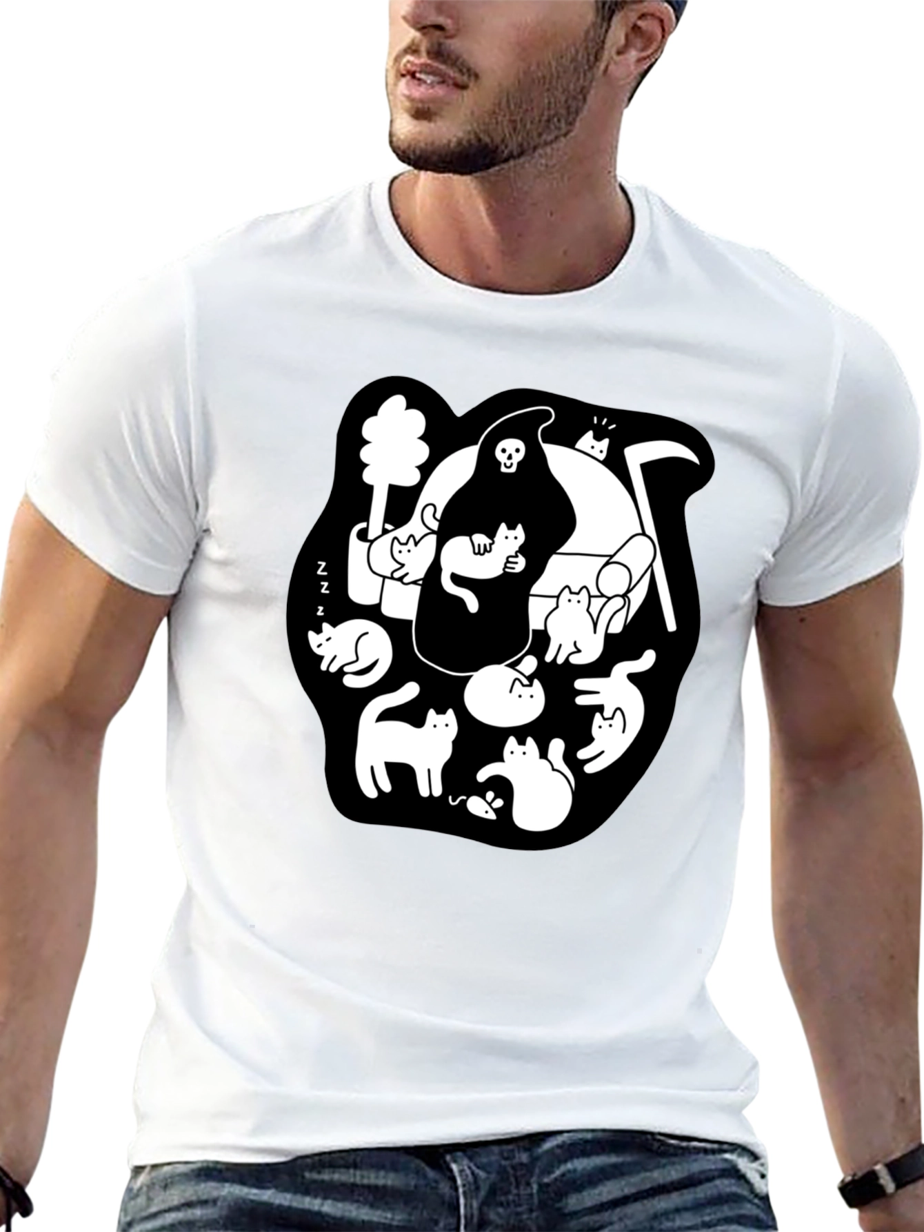 Black Grim Reaper & Cats Graphic Black T-Shirt view 13