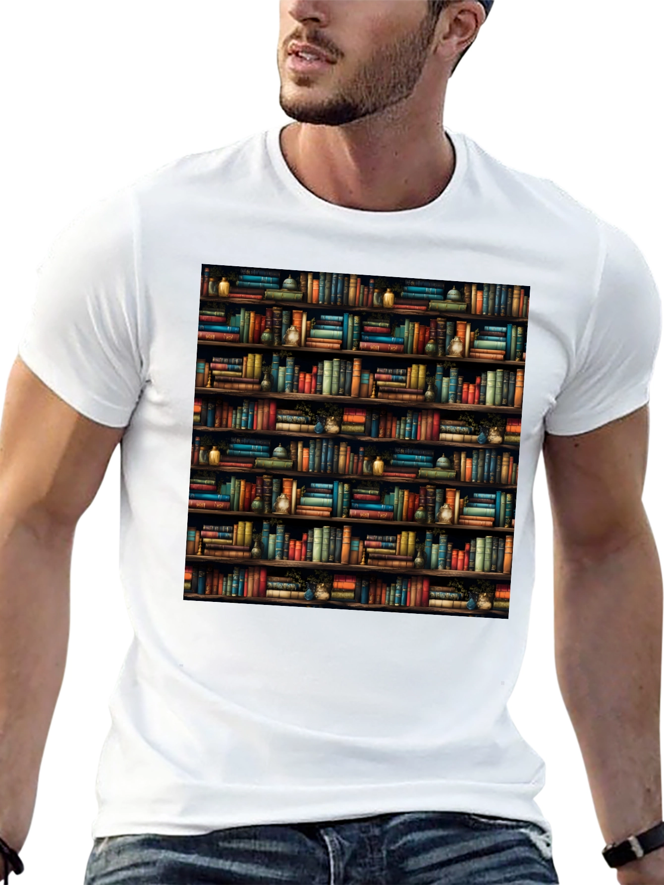 Black Bookcase Print Black T-Shirt view 13